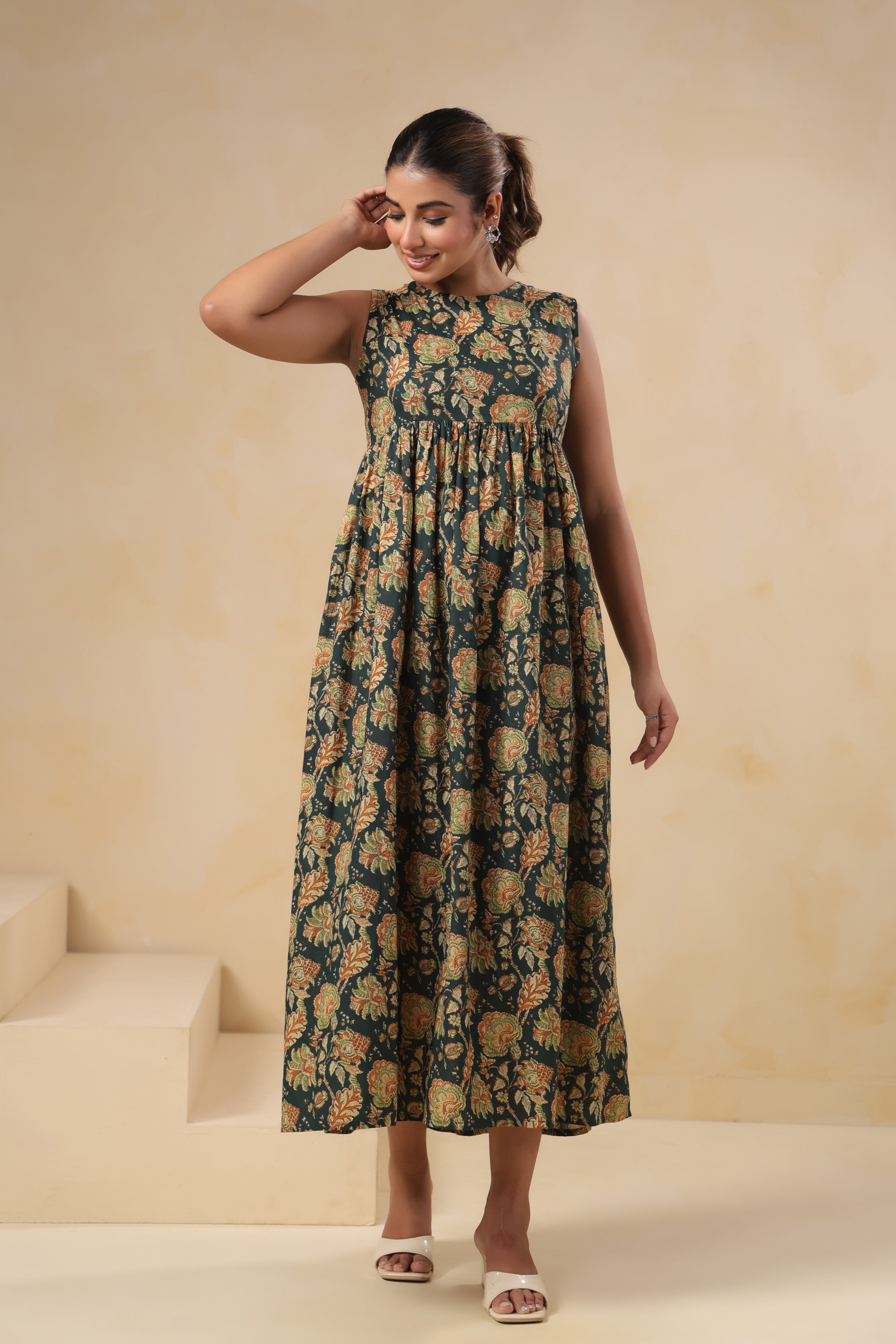 Forest Green Block Print Tiered Midi Dress - Sleeveless Cotton Maxi