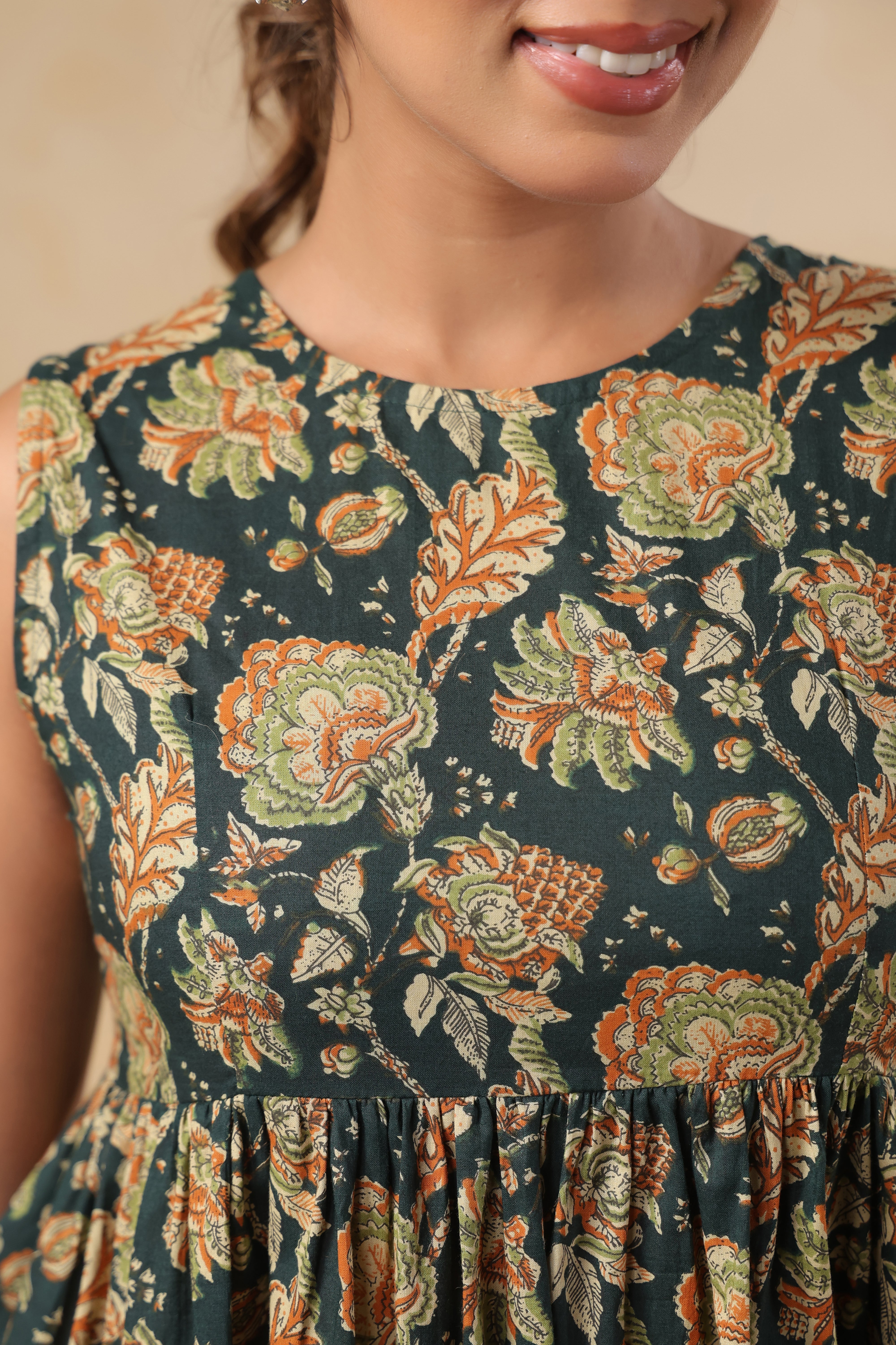 Forest Green Block Print Tiered Midi Dress - Sleeveless Cotton Maxi