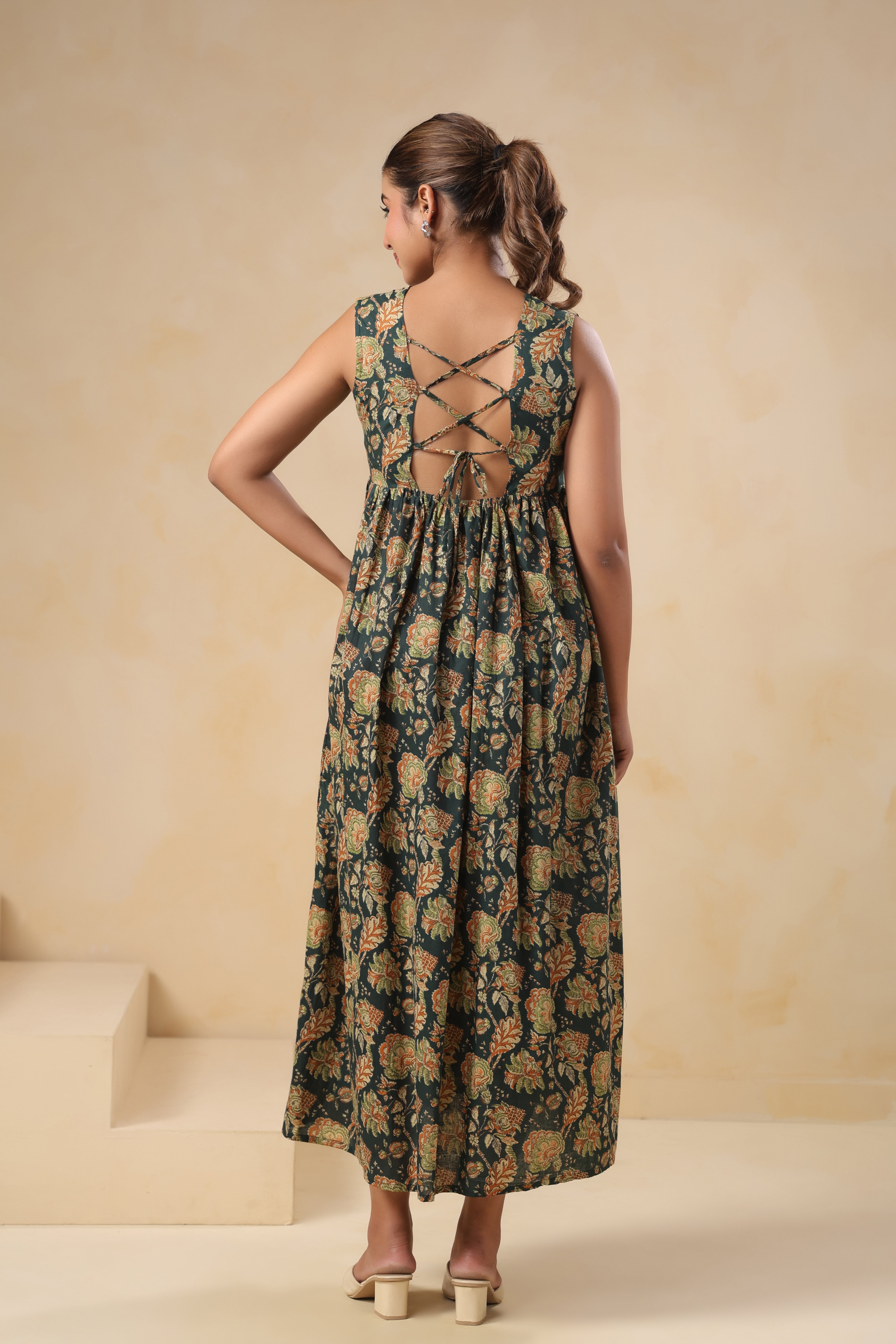 Forest Green Block Print Tiered Midi Dress - Sleeveless Cotton Maxi