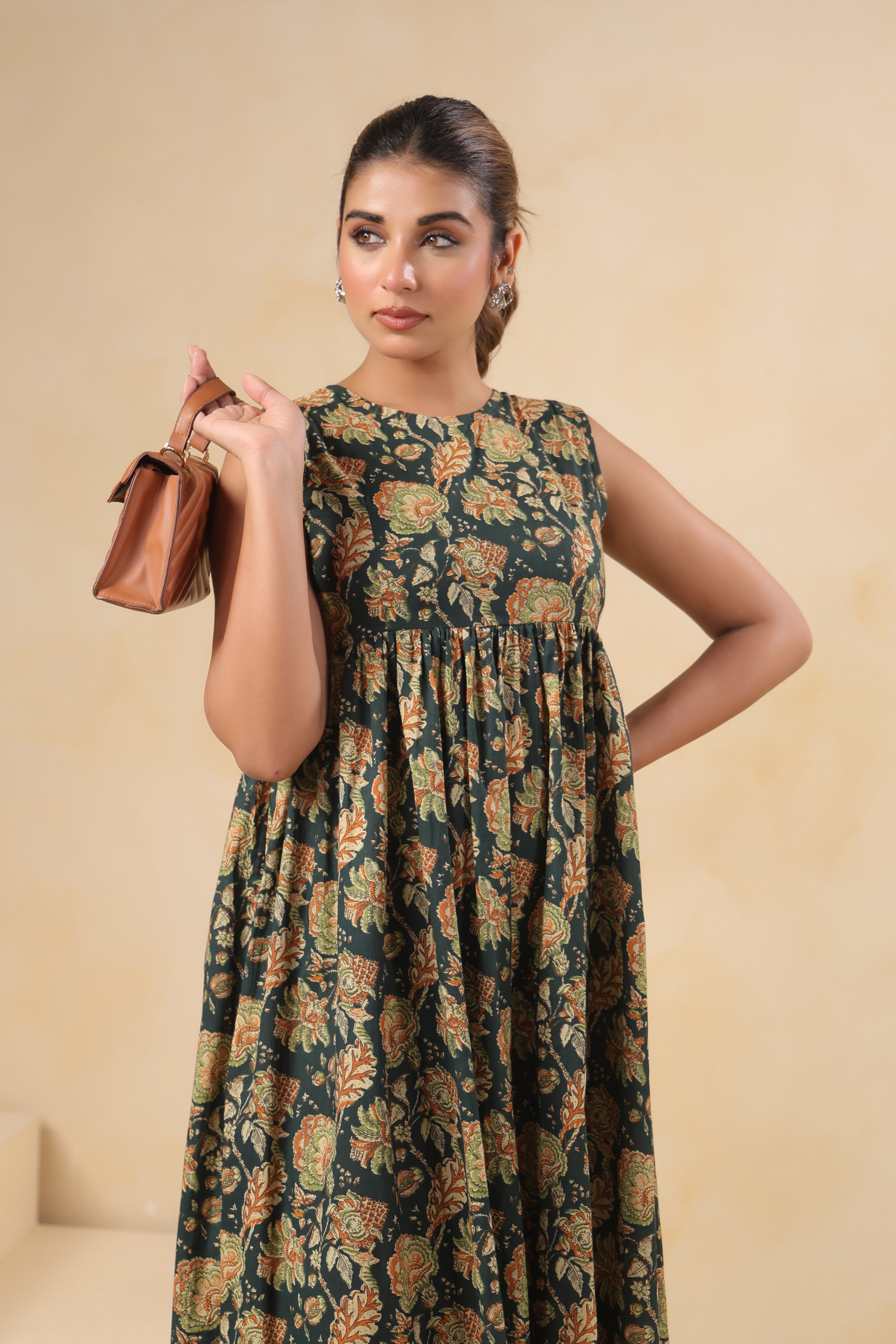 Forest Green Block Print Tiered Midi Dress - Sleeveless Cotton Maxi