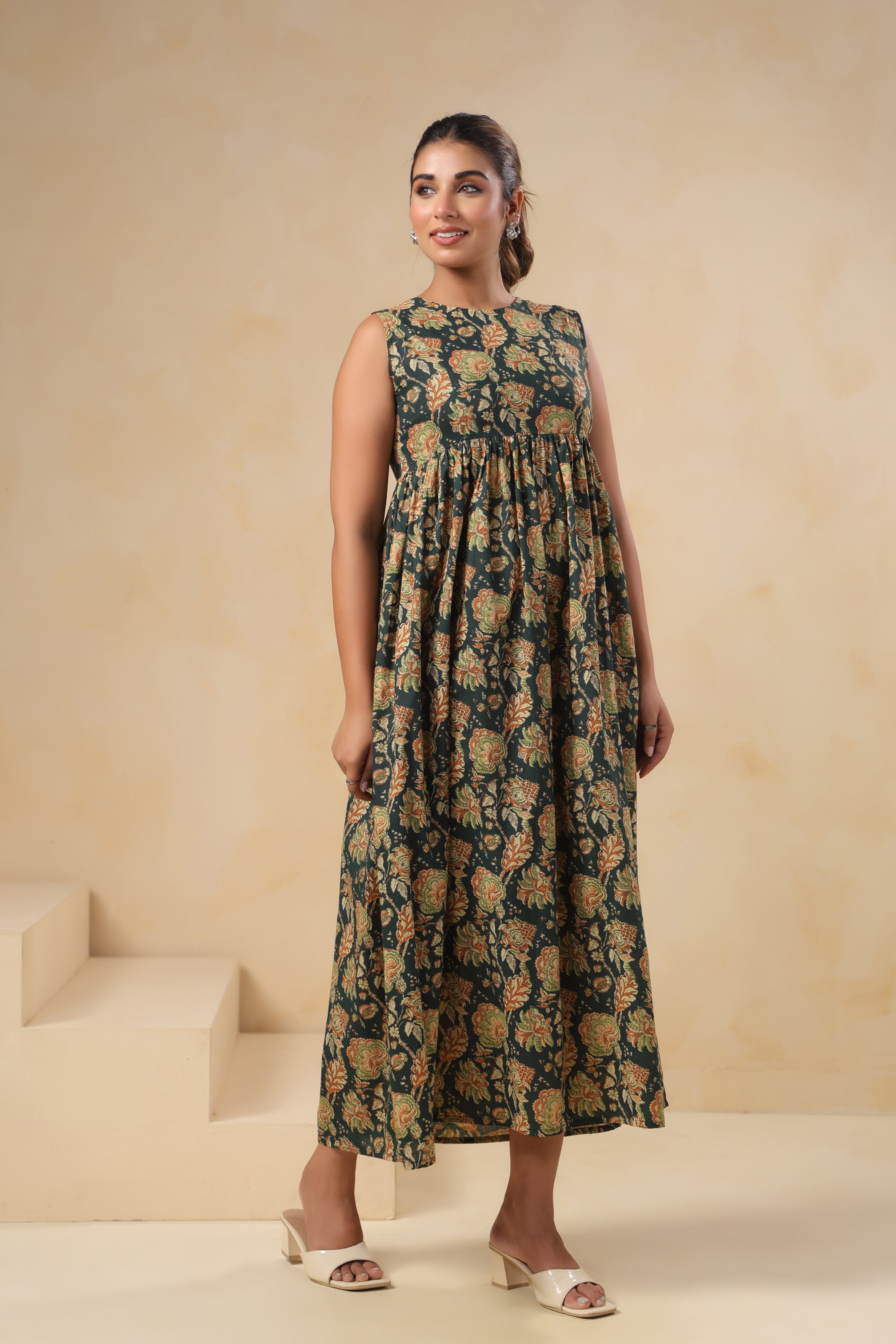 Forest Green Block Print Tiered Midi Dress - Sleeveless Cotton Maxi