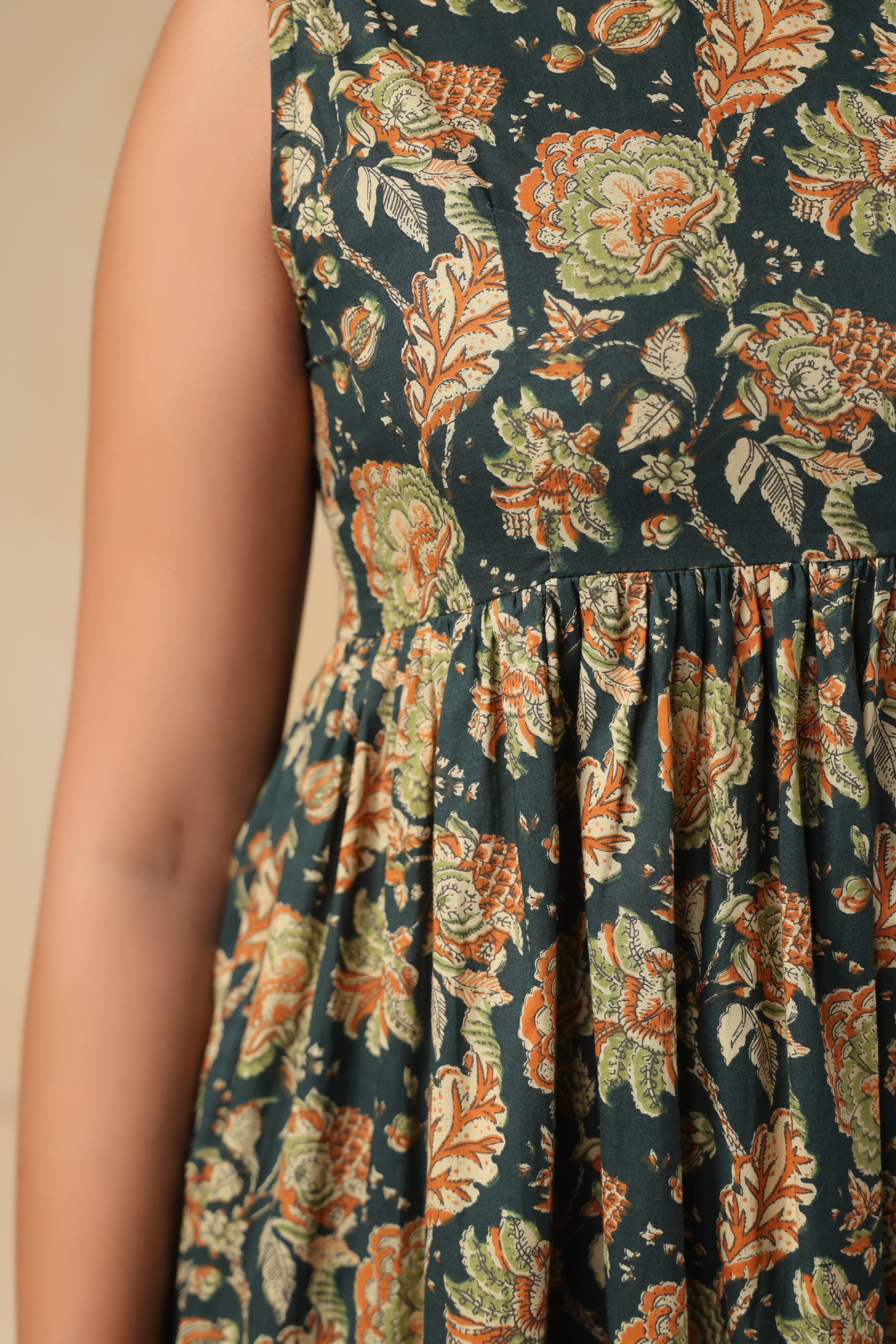 Forest Green Block Print Tiered Midi Dress - Sleeveless Cotton Maxi