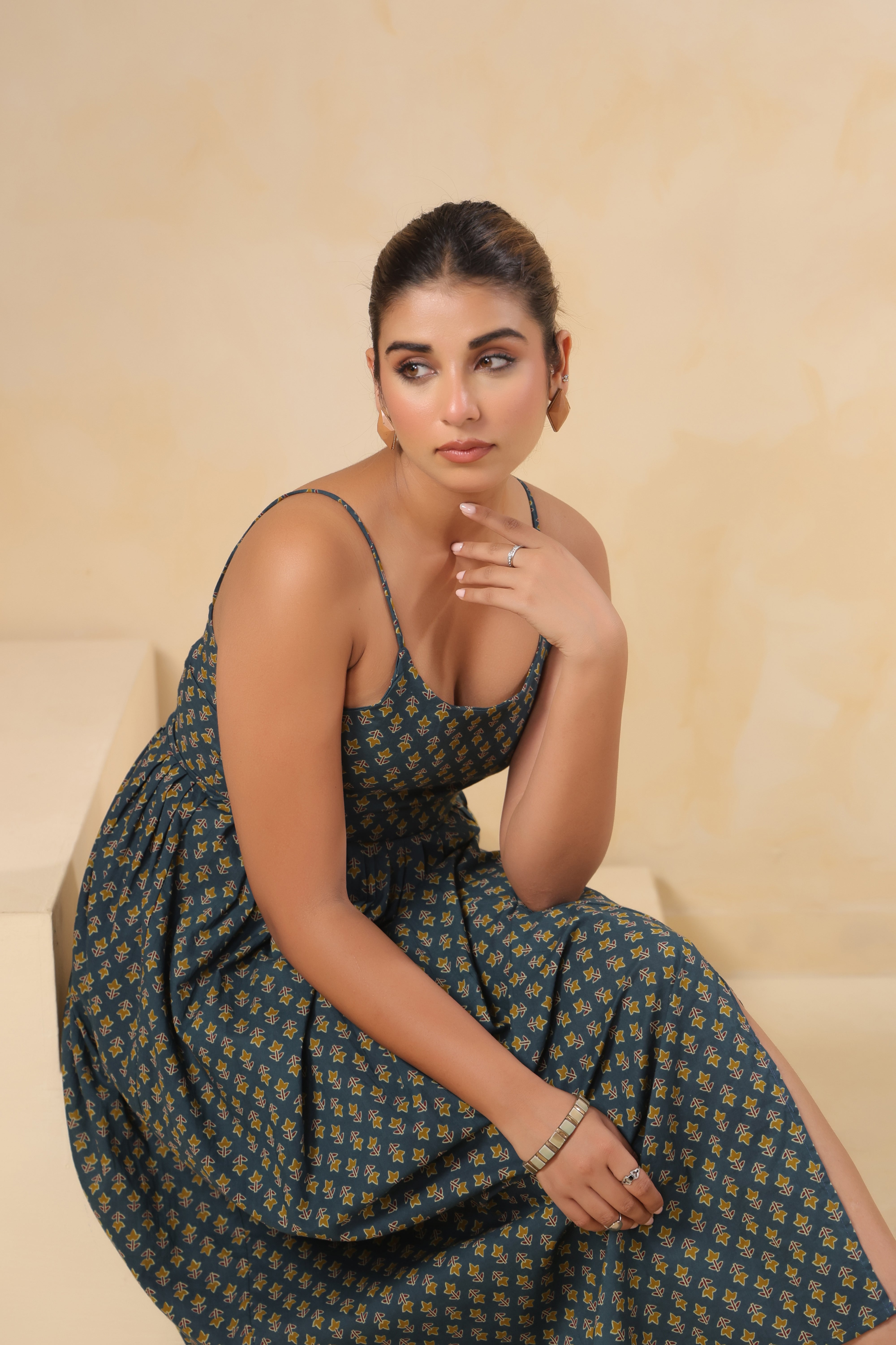 Teal Floral Print Spaghetti Strap Dress