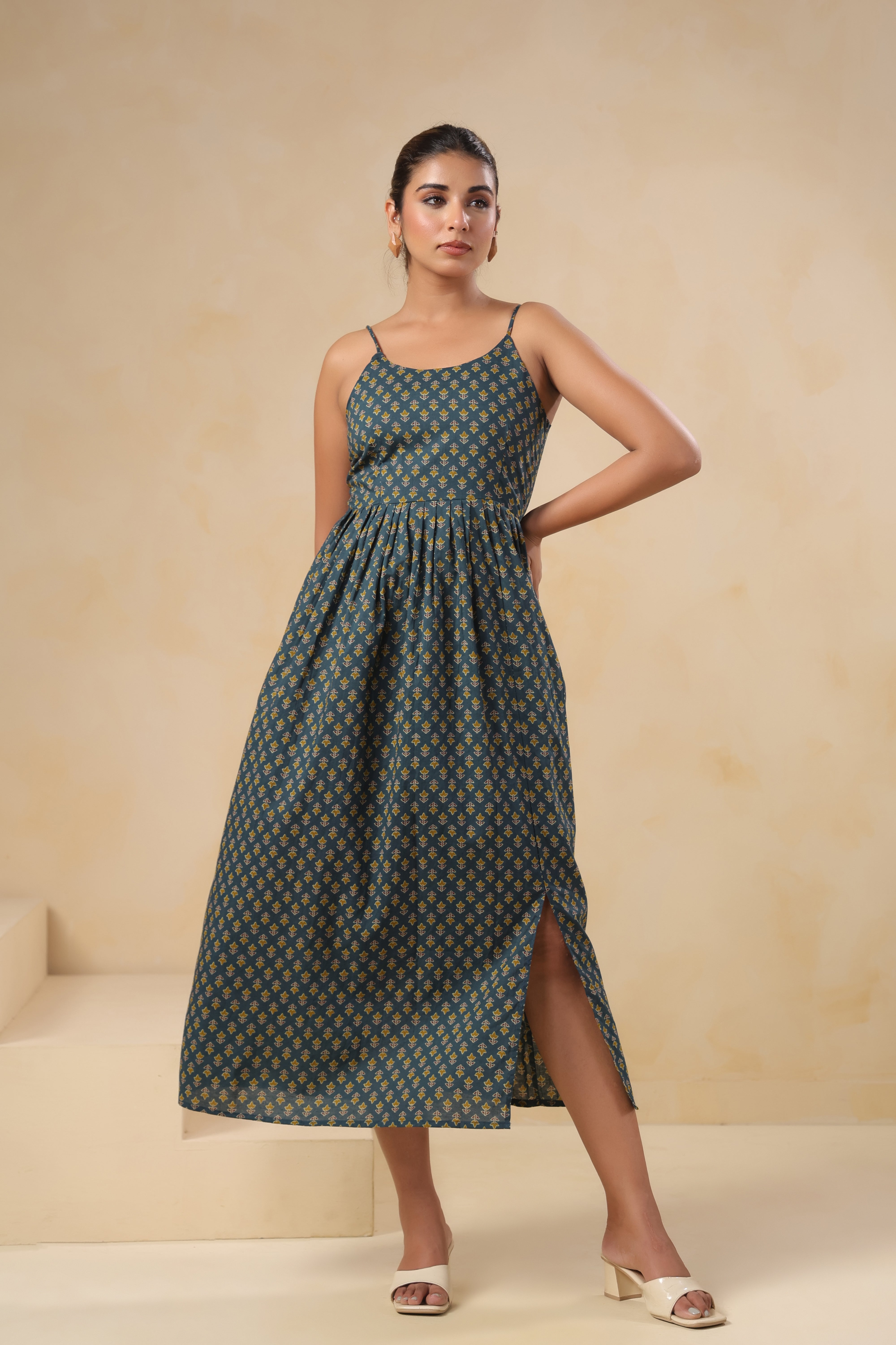 Teal Floral Print Spaghetti Strap Dress