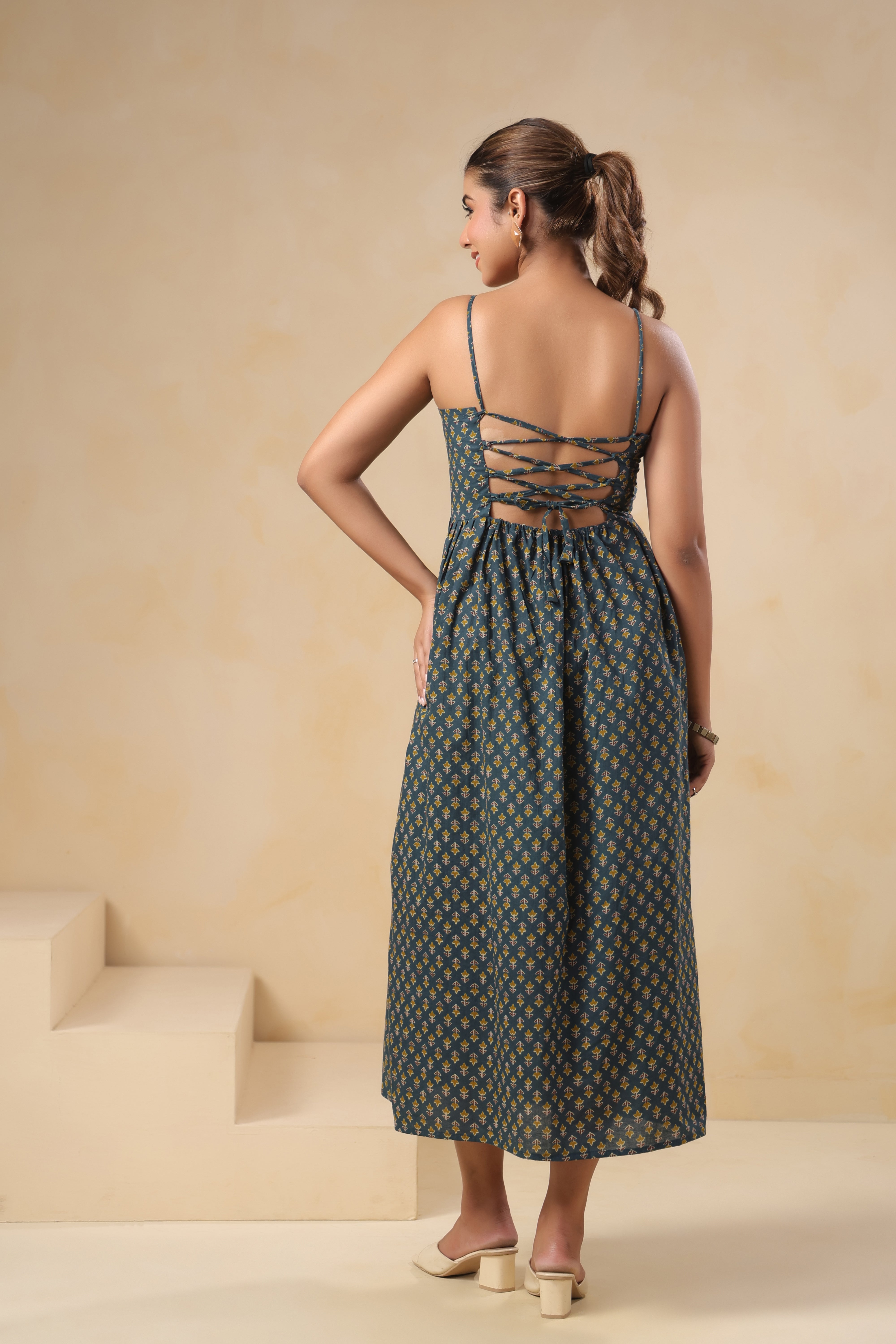 Teal Floral Print Spaghetti Strap Dress