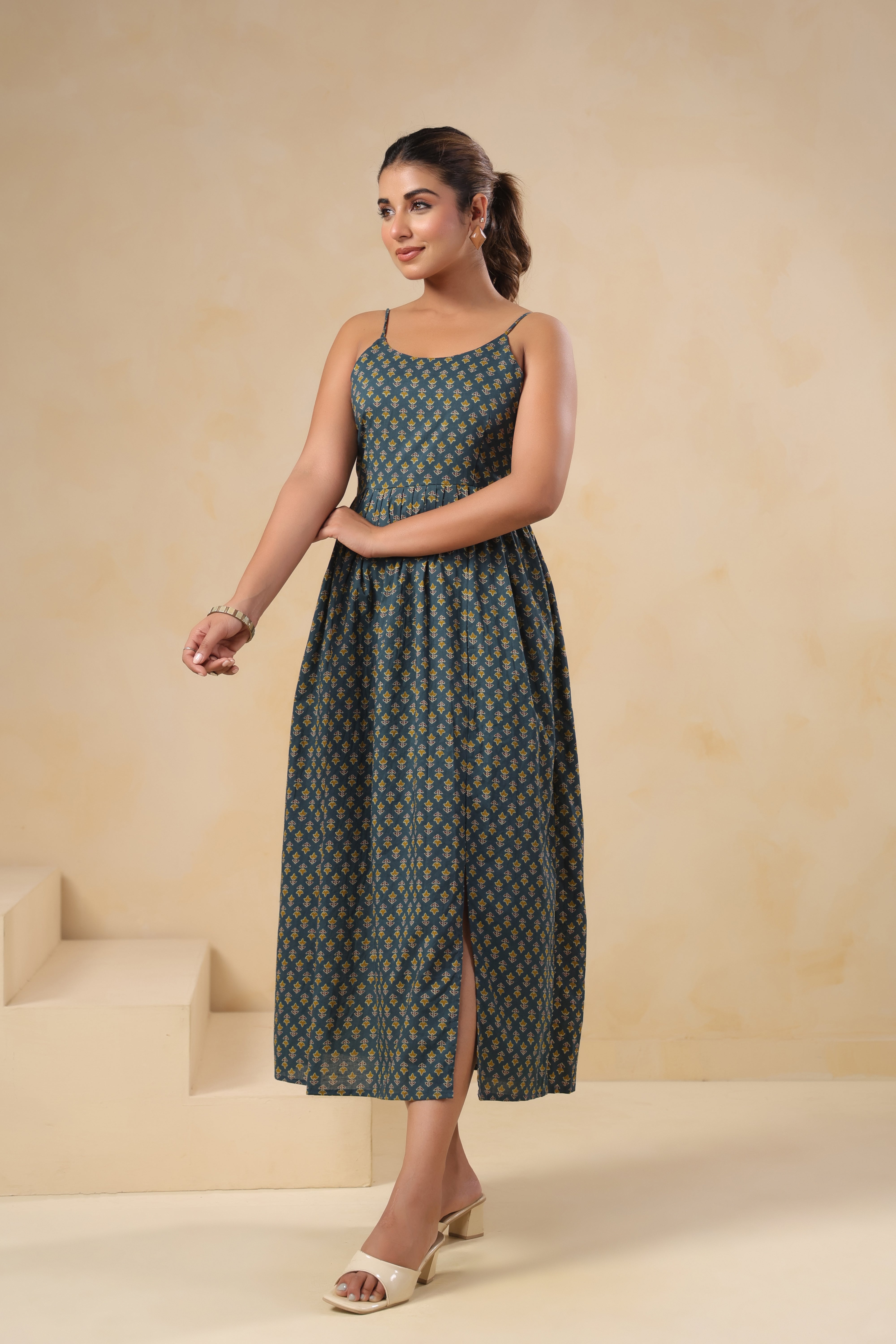 Teal Floral Print Spaghetti Strap Dress