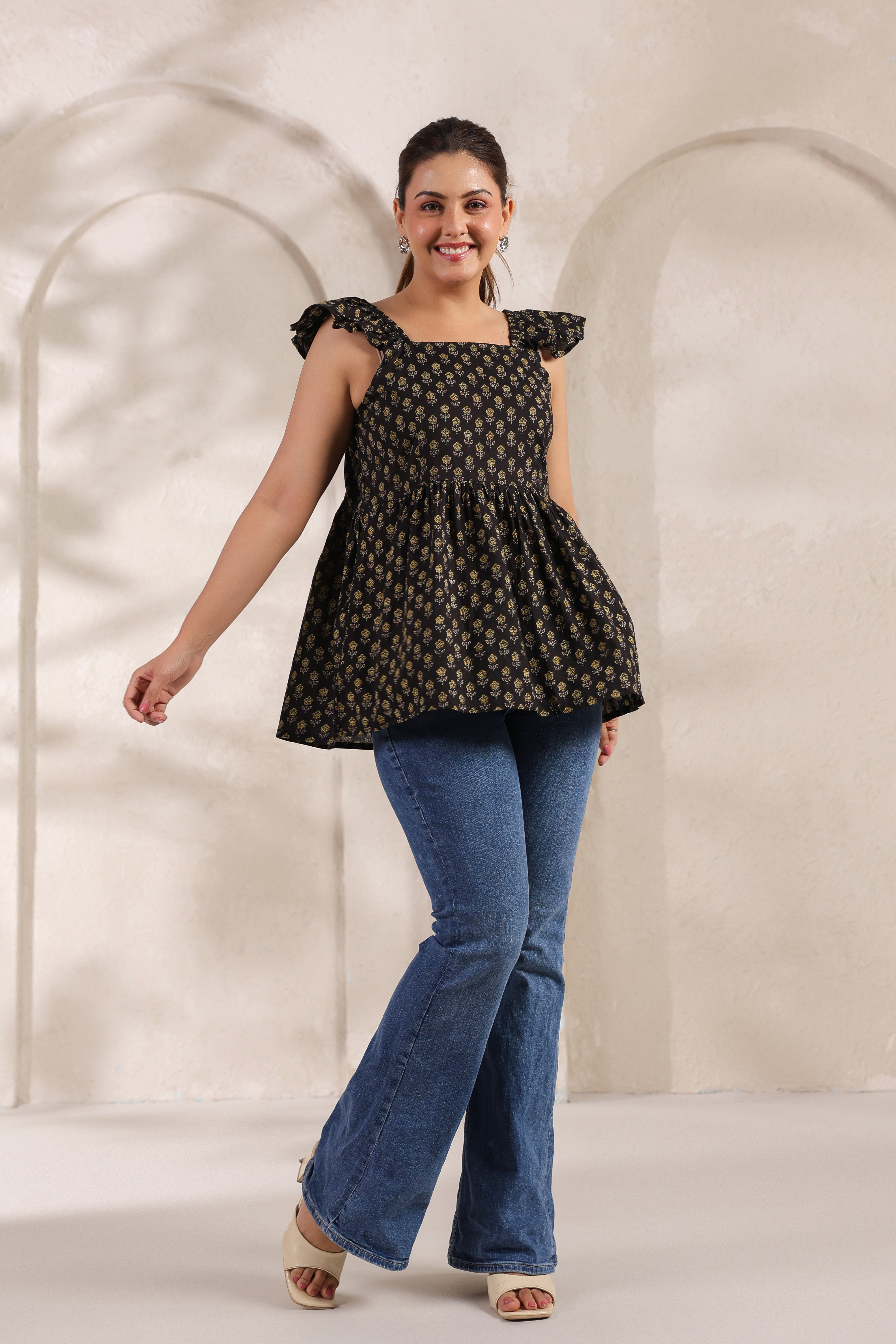 Black & Gold Floral Printed Sleeveless Kurti Top