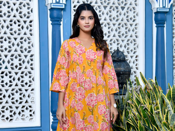 Yellow Floral Cotton Midi Dress | Block Print Flared Anarkali Kurti