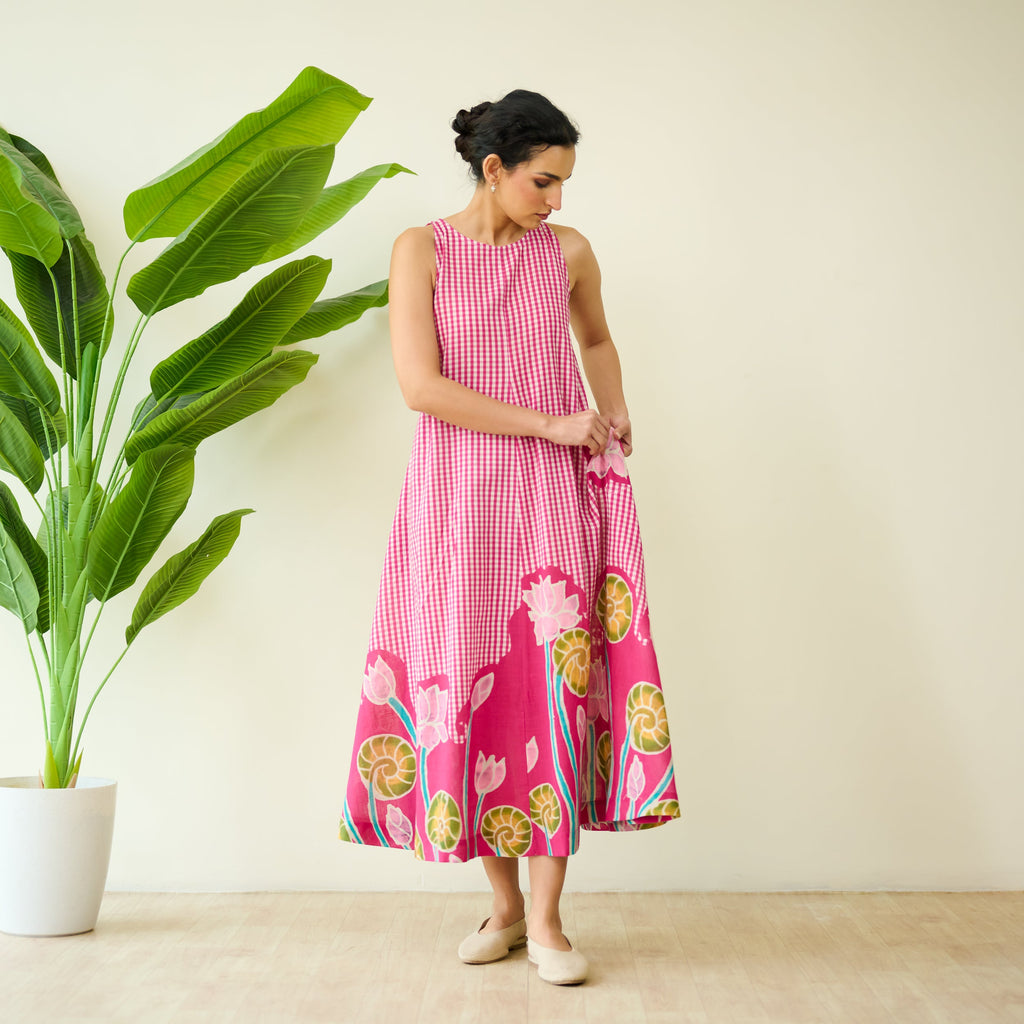 Mrinal Slub Cotton Summer Dress - Magenta