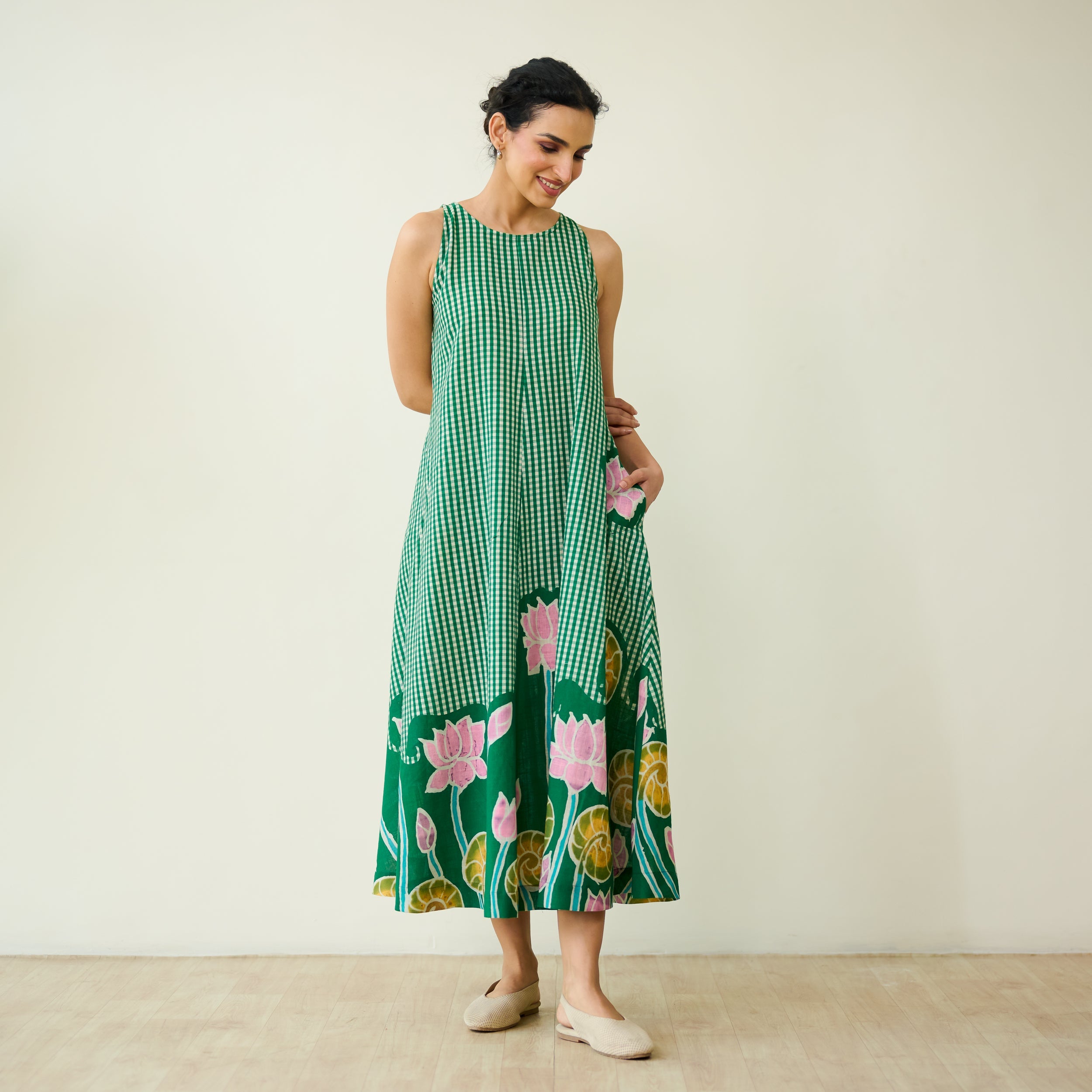 Mrinal Slub Cotton Summer Dress - Moss Green