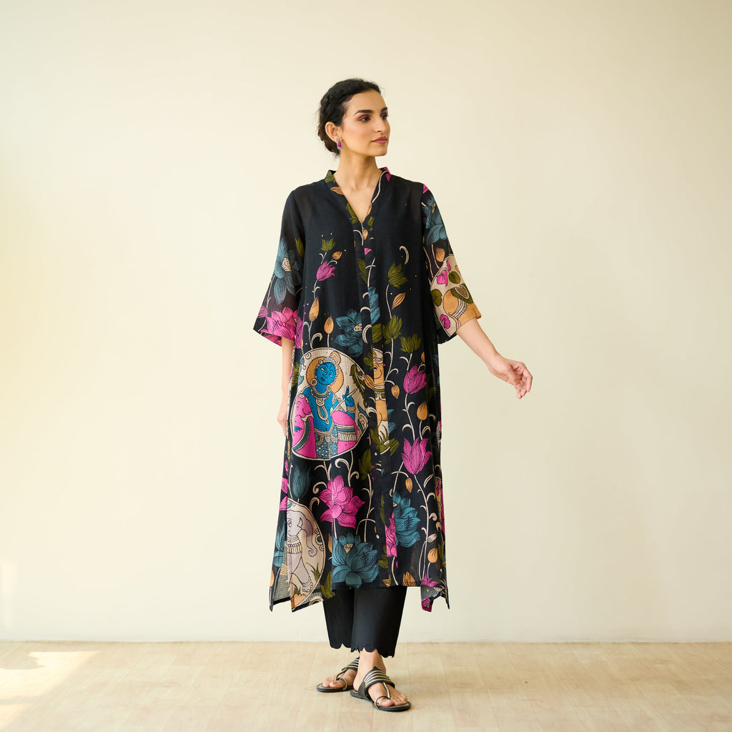 Vrinda Hand Embroidered Kota Doria Cotton Kurta - Black