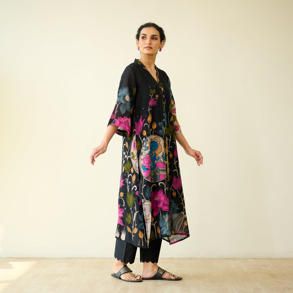 Vrinda Hand Embroidered Kota Doria Cotton Kurta - Black