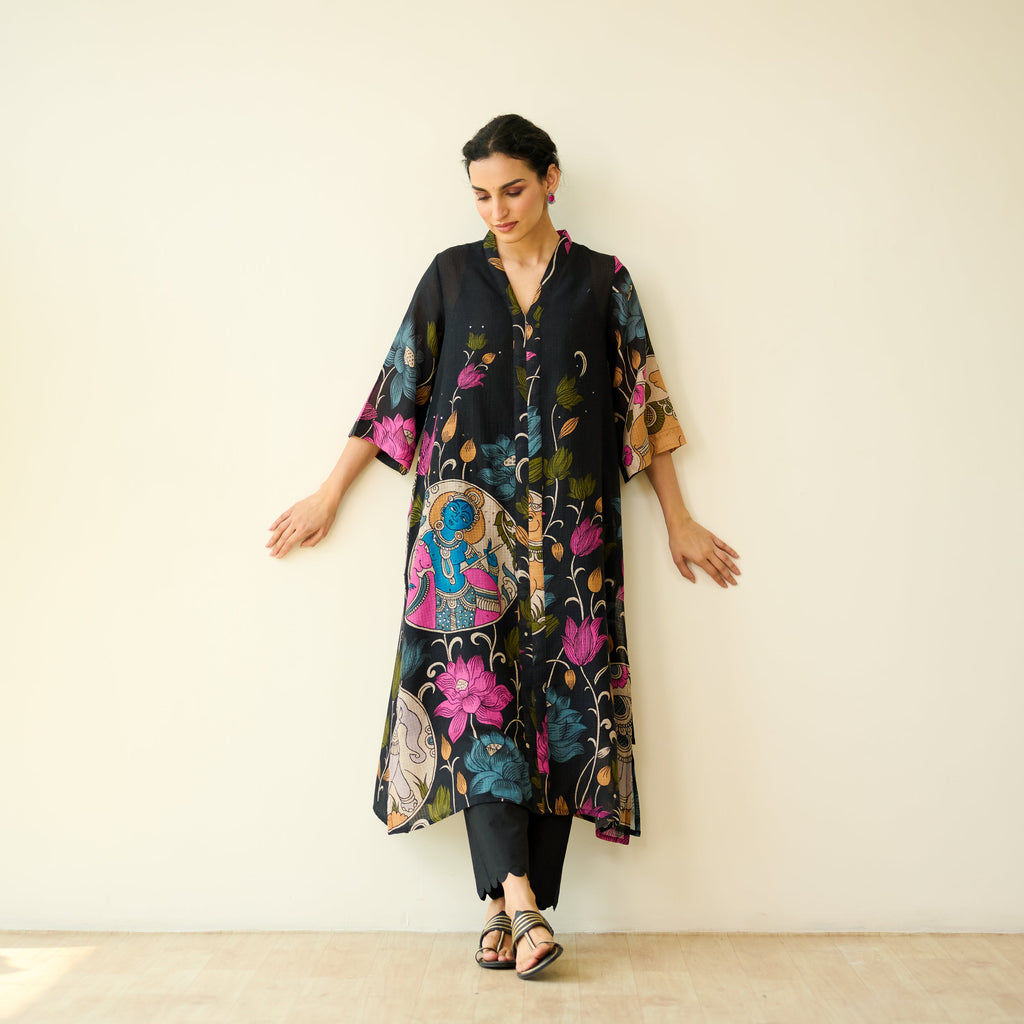 Vrinda Hand Embroidered Kota Doria Cotton Kurta - Black