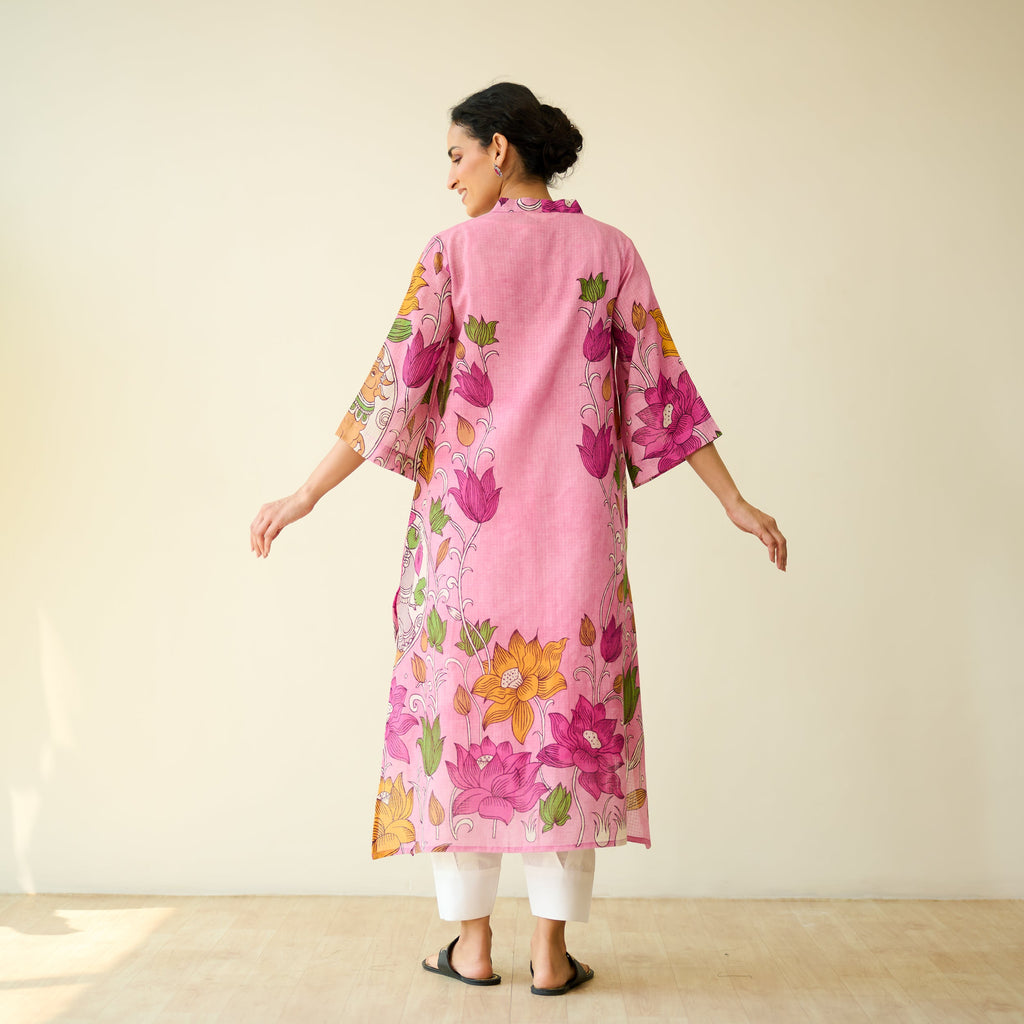 Vrinda Hand Embroidered Kota Doria Cotton Kurta - Pink