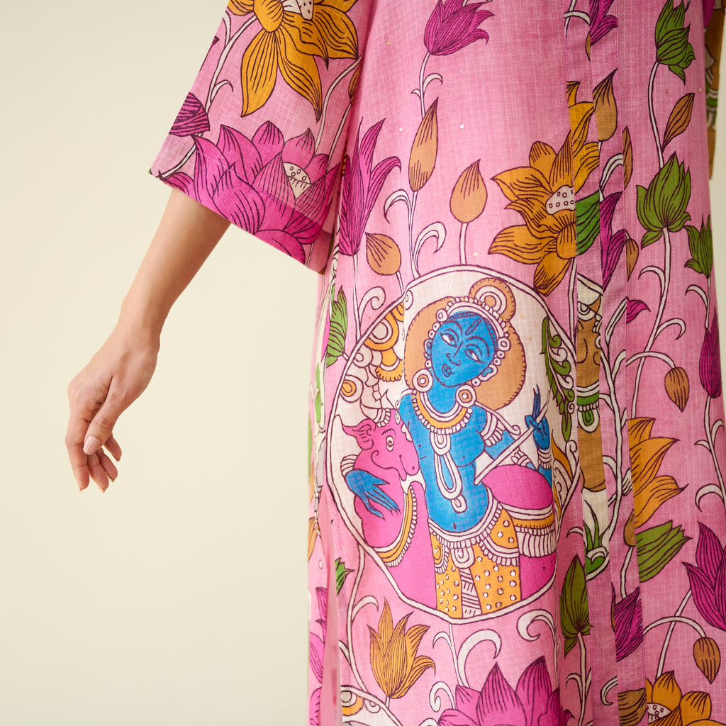 Vrinda Hand Embroidered Kota Doria Cotton Kurta - Pink