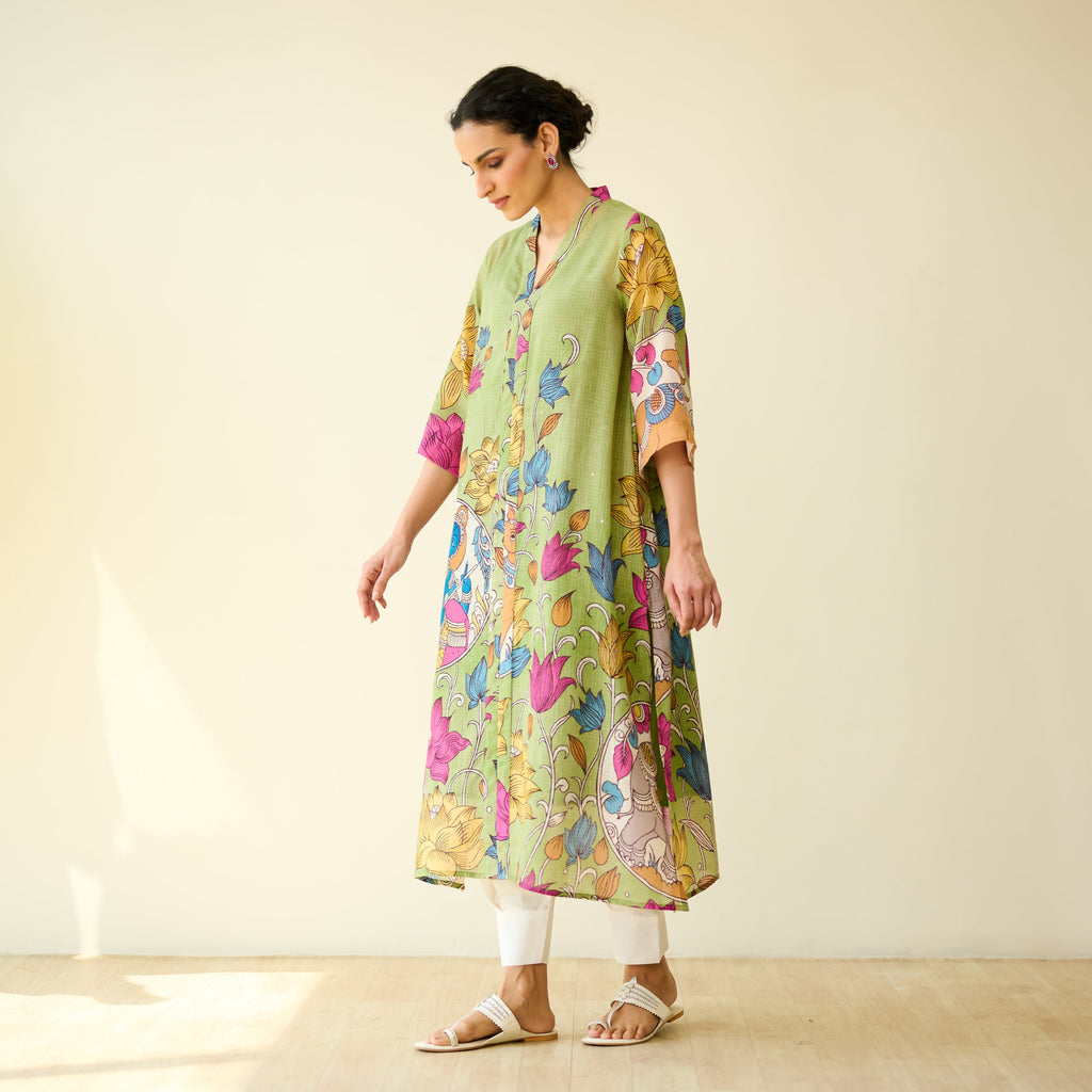 Vrinda Hand Embroidered Kota Doria Cotton Kurta - Pista Green