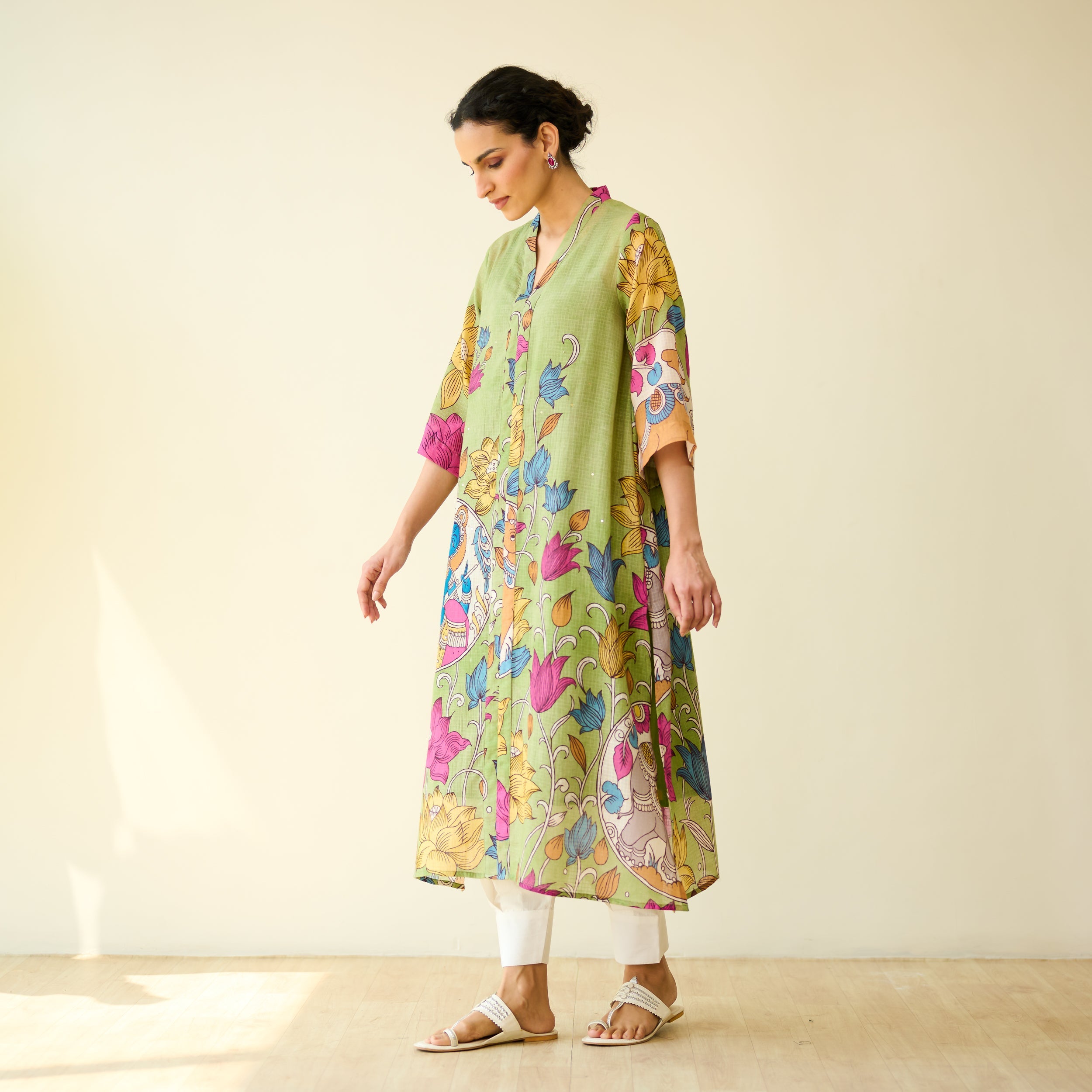 Vrinda Hand Embroidered Kota Doria Cotton Kurta - Pista Green