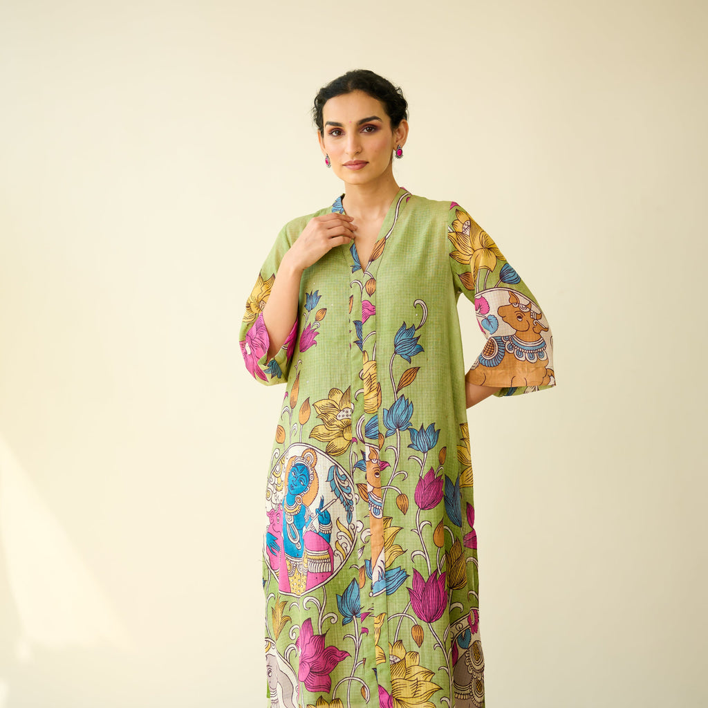 Vrinda Hand Embroidered Kota Doria Cotton Kurta - Pista Green