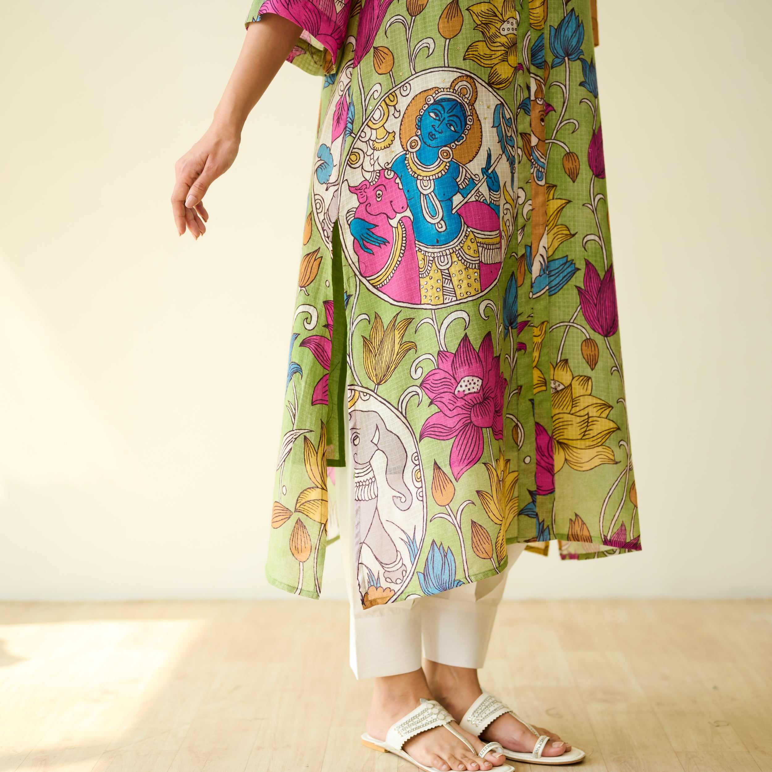 Vrinda Hand Embroidered Kota Doria Cotton Kurta - Pista Green
