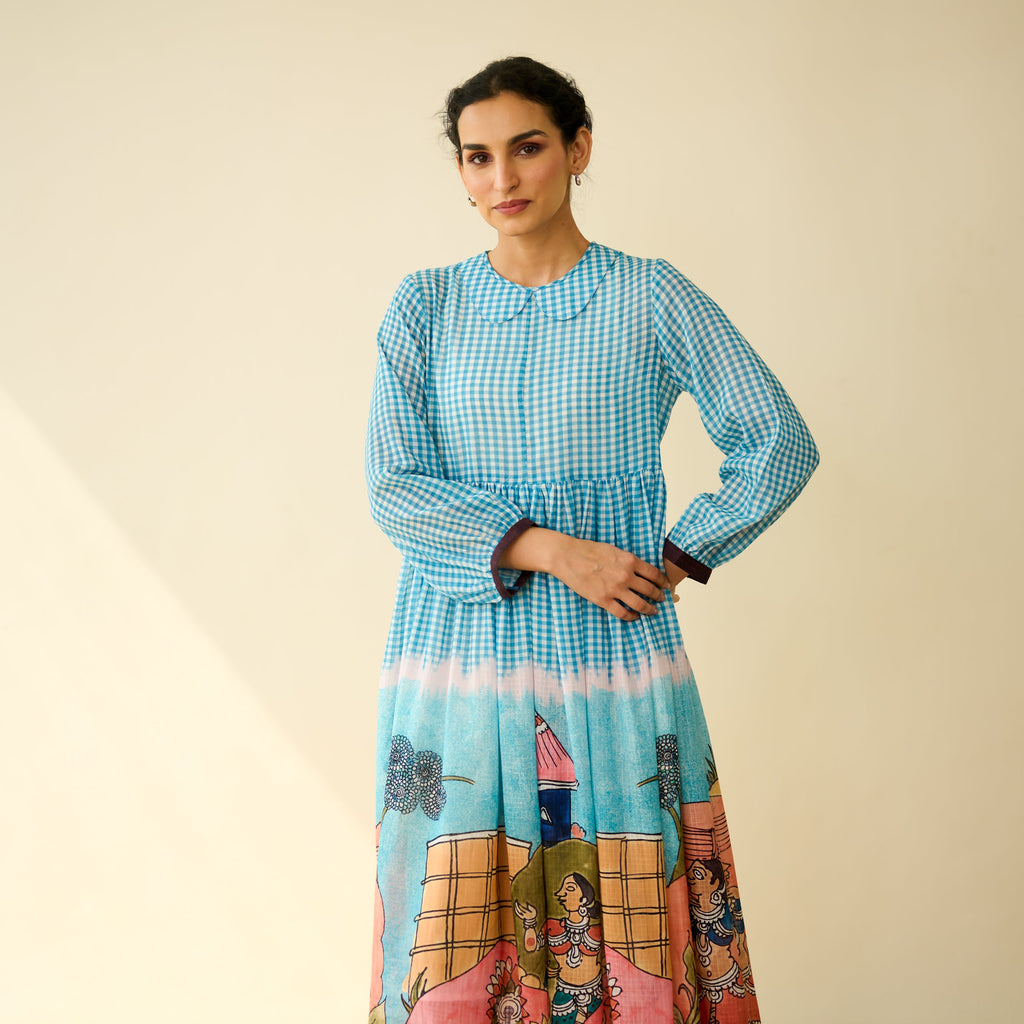 Tira Kota Doria Cotton Fun Dress - Ice Blue