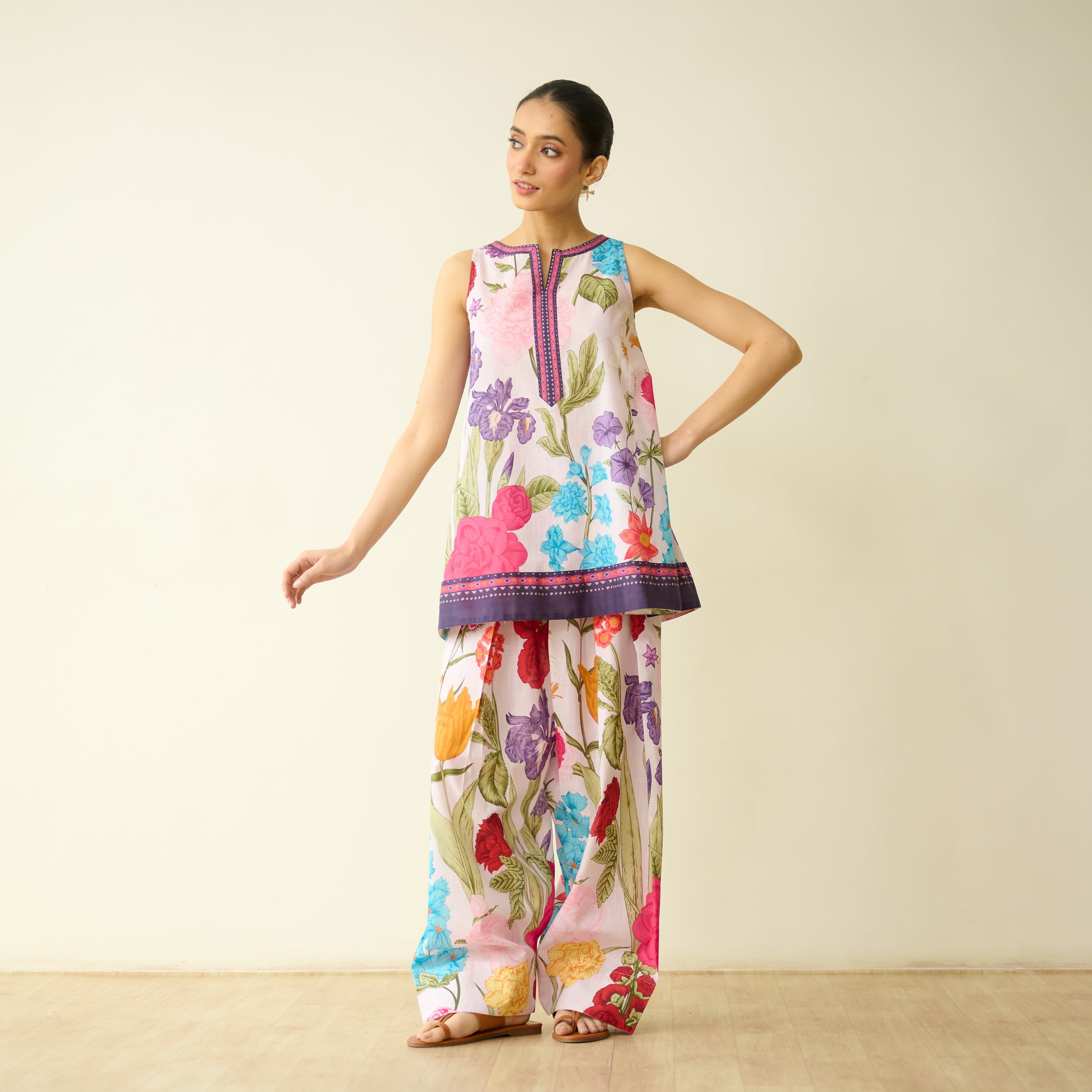 Flower Garden Slub Cotton Farsi Coord Set - Soft Pink