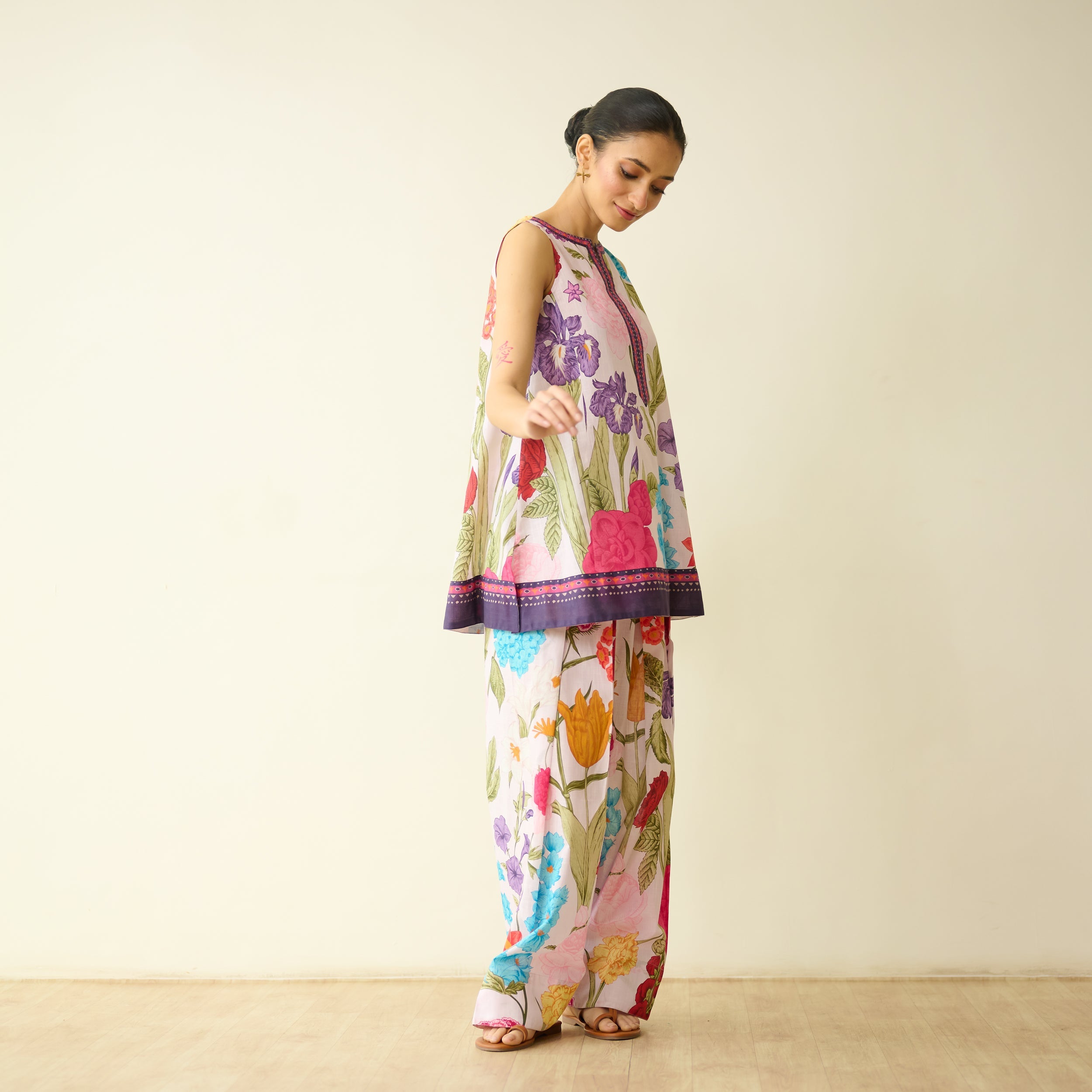 Flower Garden Slub Cotton Farsi Coord Set - Soft Pink