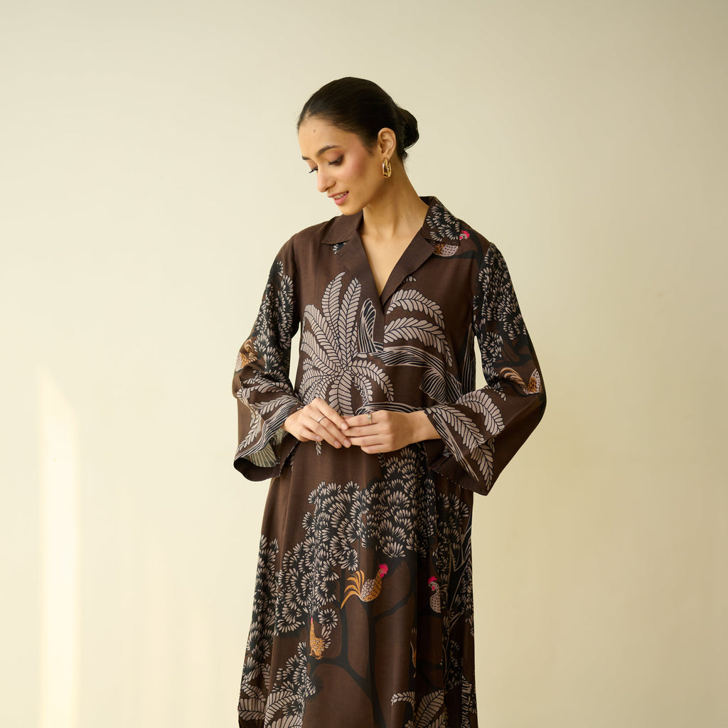 Palm Tree Modal Statement Dress - Coco Brown