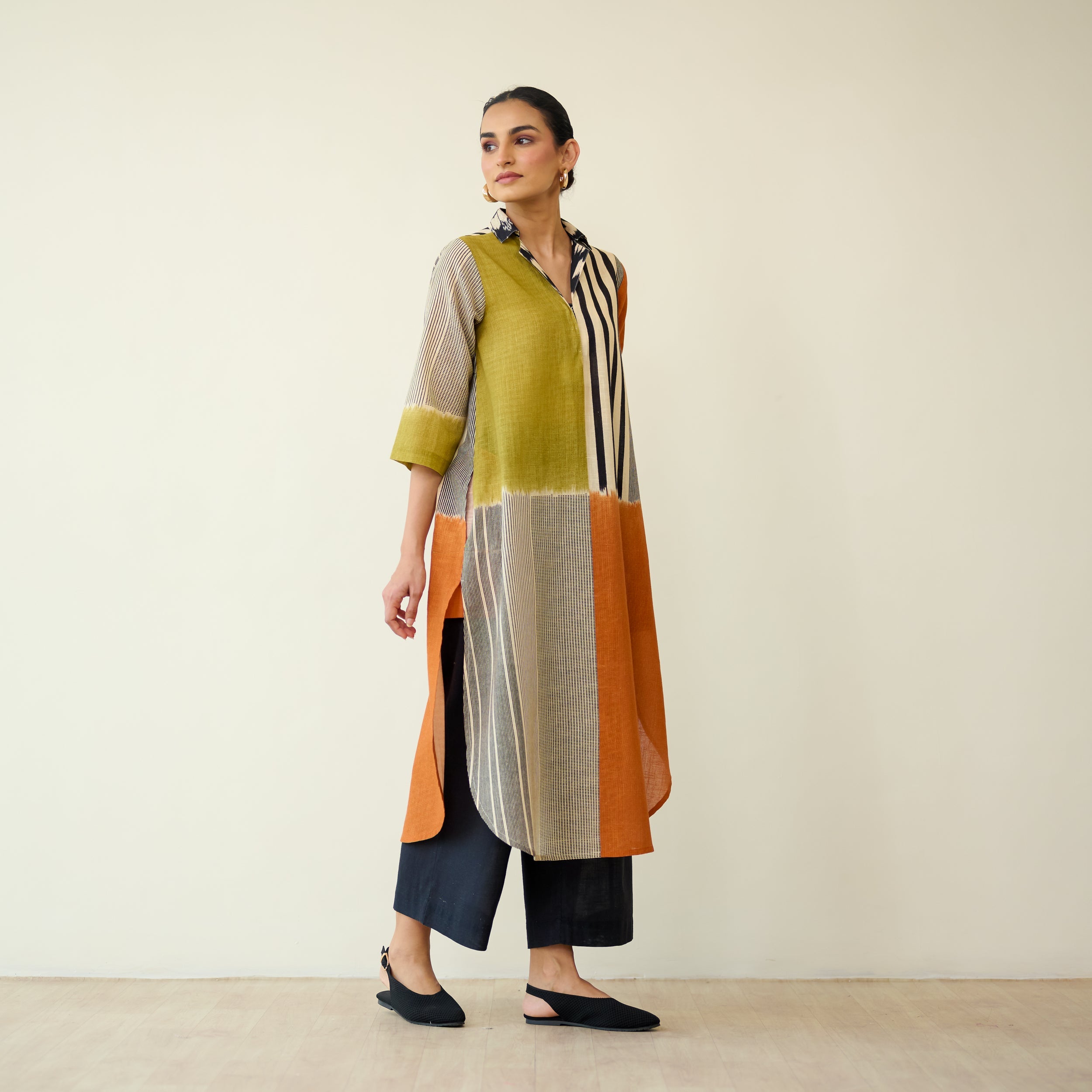 Retro Slub Cotton Statement Kurta - Tangerine & Heena