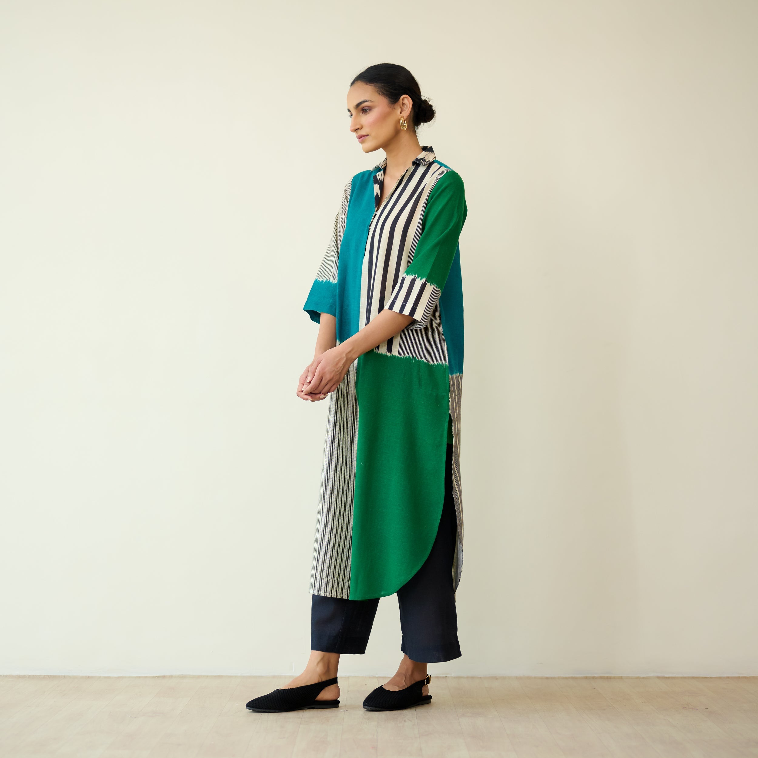 Retro Slub Cotton Statement Kurta - Teal & Green