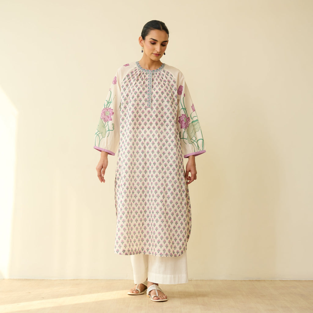 Sunlit Lotus Mulmul Cotton Everyday Kurta - Lilac
