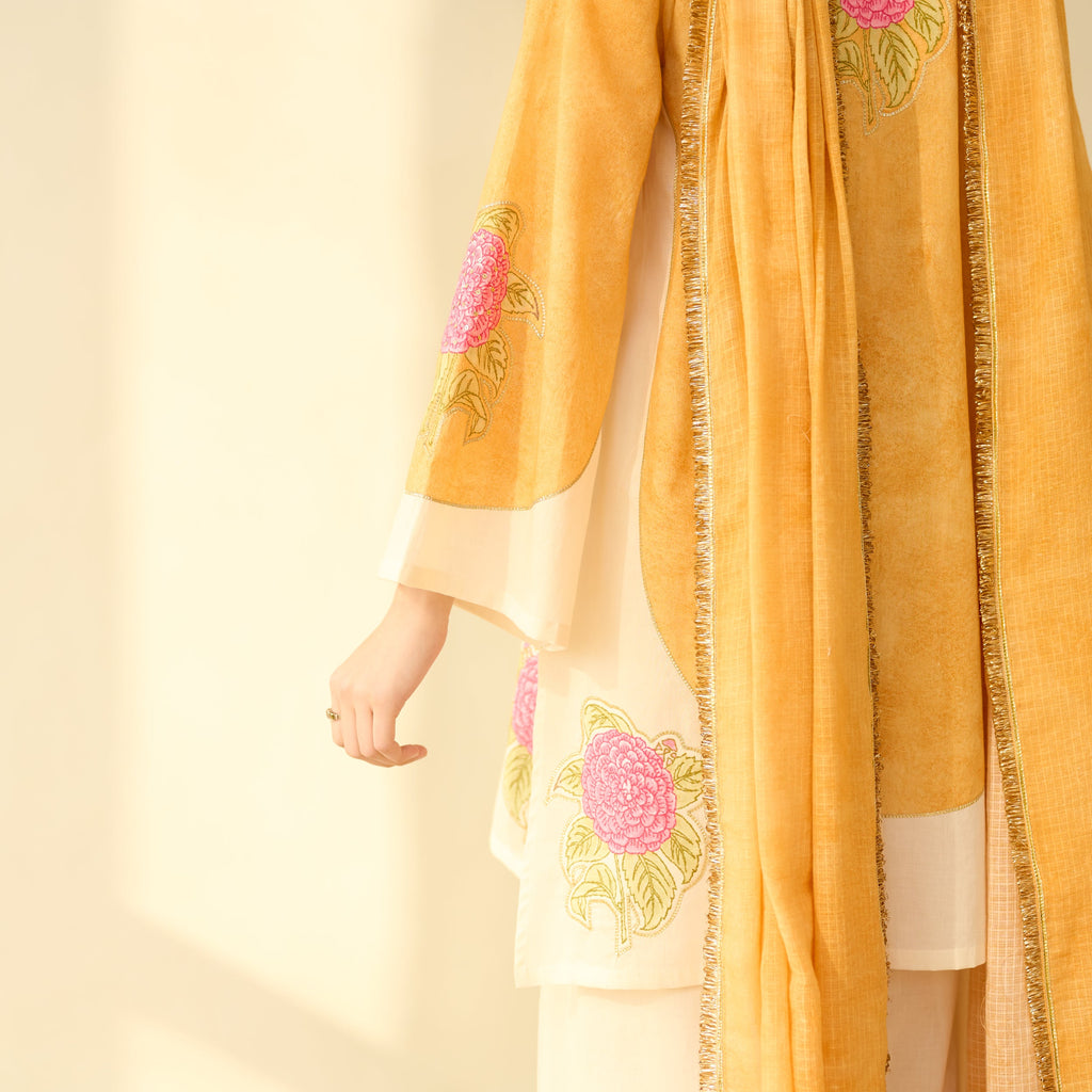 Gulabo Semi Festive Mulmul Cotton Salwar Set with Dupatta - Turmeric Yellow