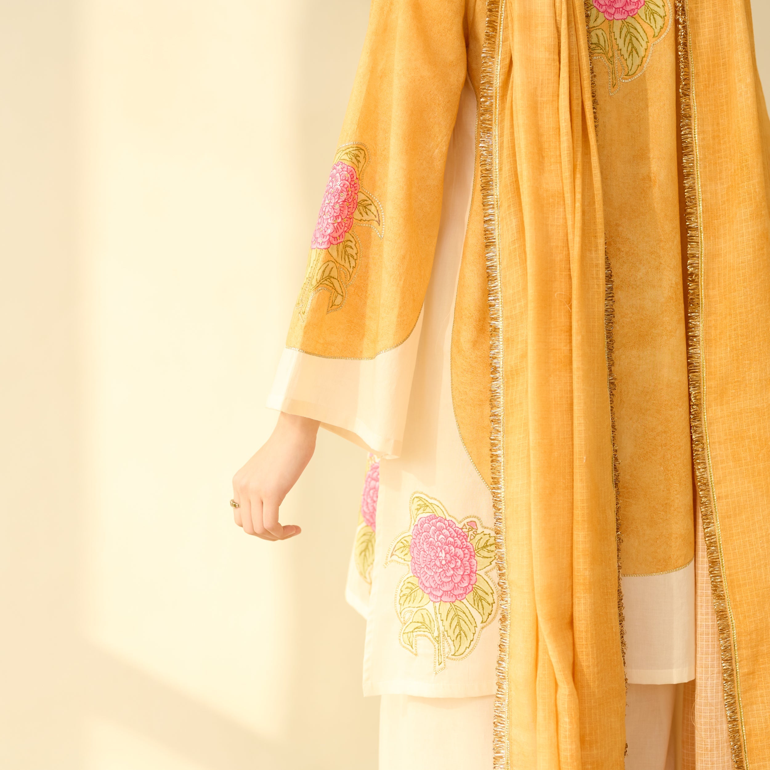 Gulabo Semi Festive Mulmul Cotton Salwar Set with Dupatta - Turmeric Yellow
