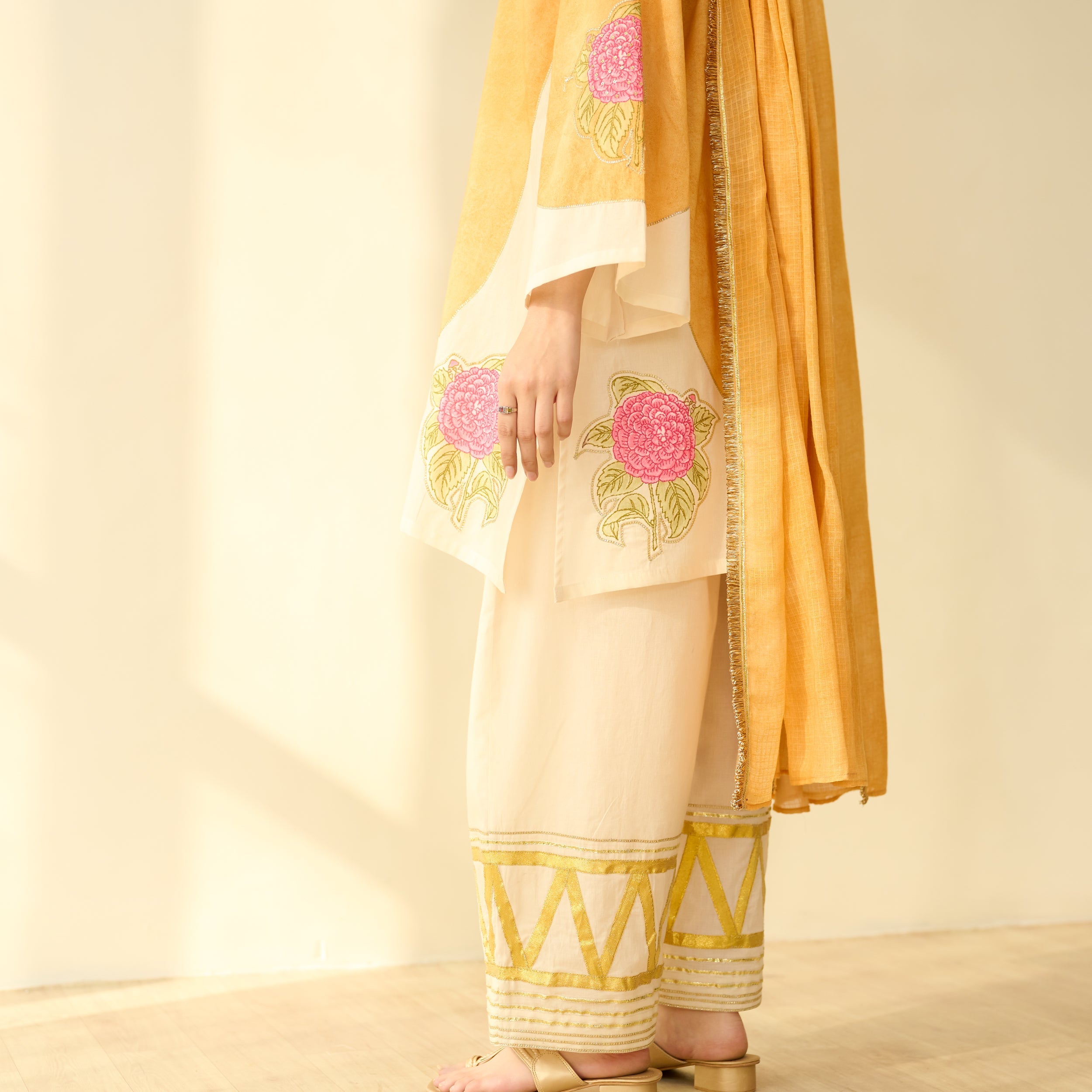 Gulabo Semi Festive Mulmul Cotton Salwar Set with Dupatta - Turmeric Yellow