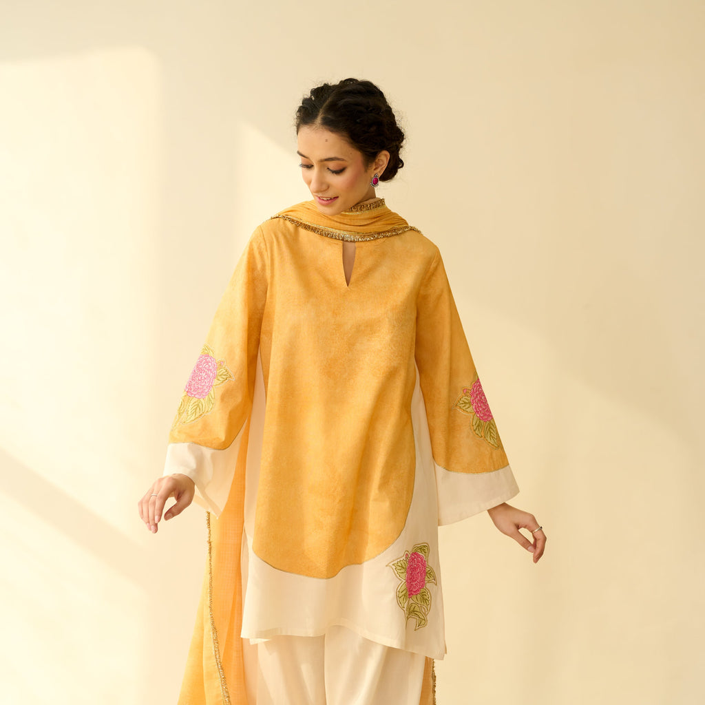 Gulabo Semi Festive Mulmul Cotton Salwar Set with Dupatta - Turmeric Yellow