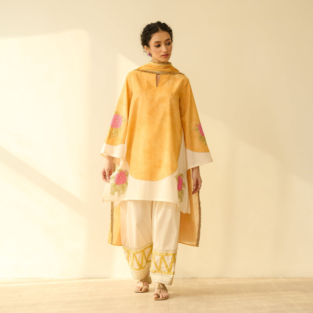 Gulabo Semi Festive Mulmul Cotton Salwar Set with Dupatta - Turmeric Yellow