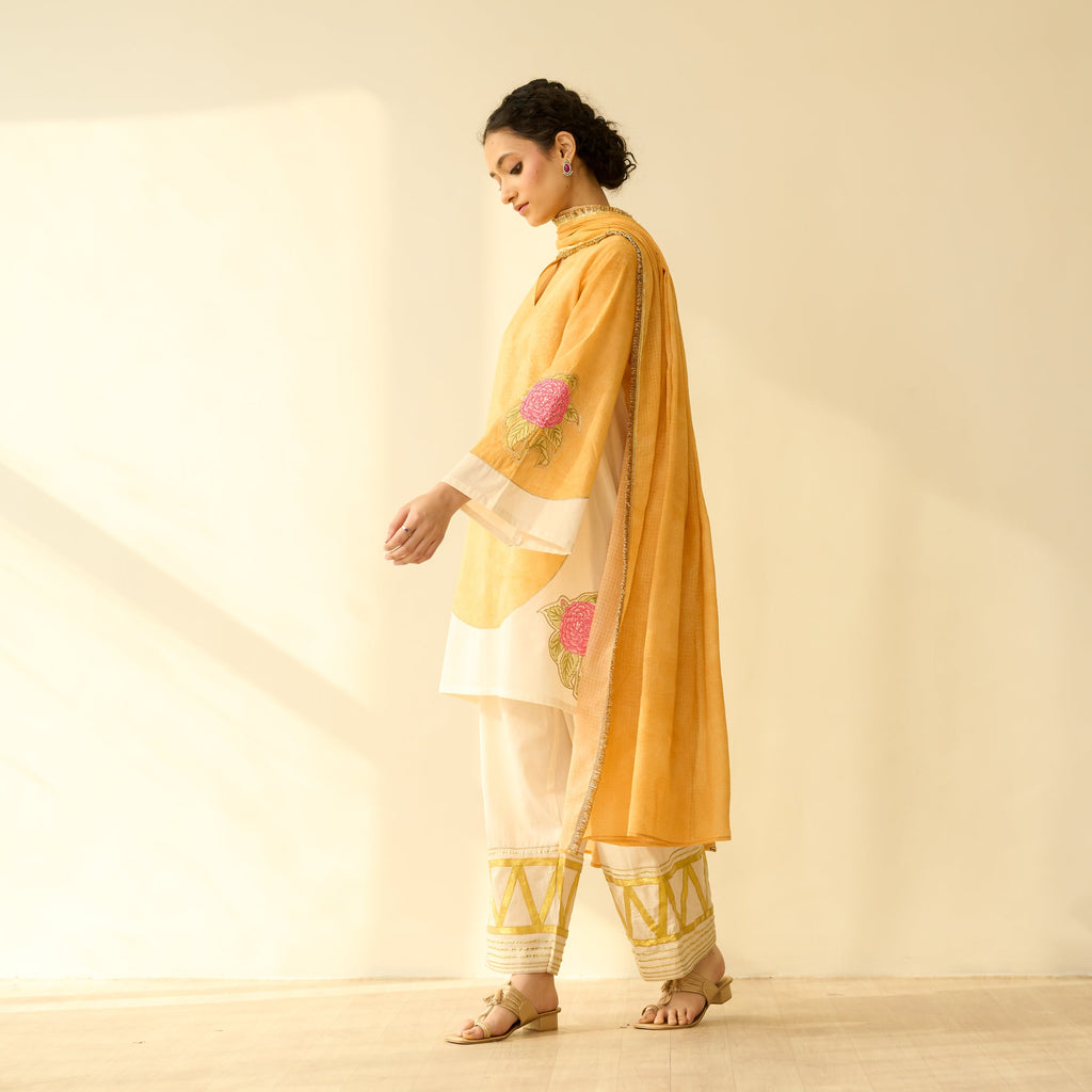 Gulabo Semi Festive Mulmul Cotton Salwar Set with Dupatta - Turmeric Yellow