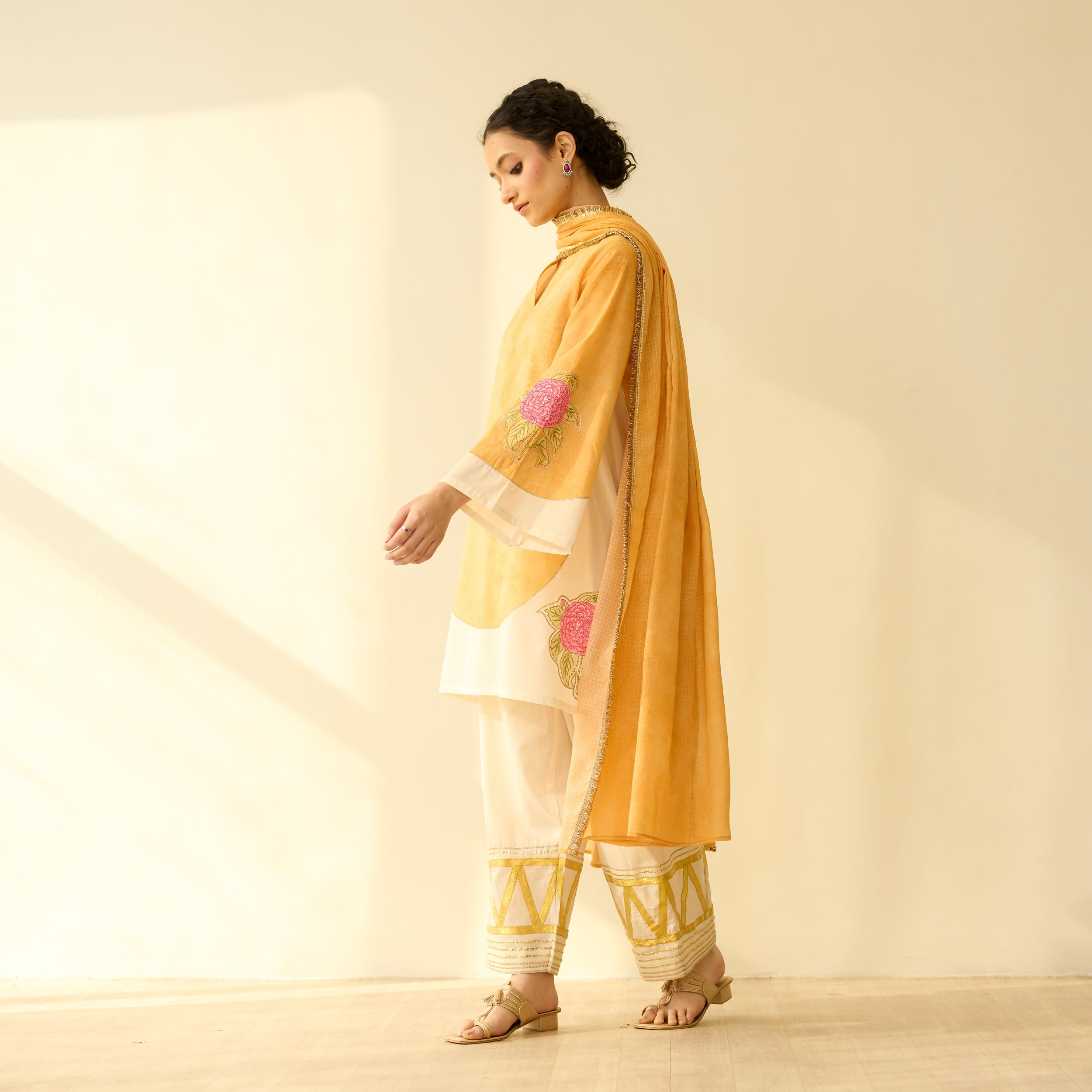 Gulabo Semi Festive Mulmul Cotton Salwar Set with Dupatta - Turmeric Yellow