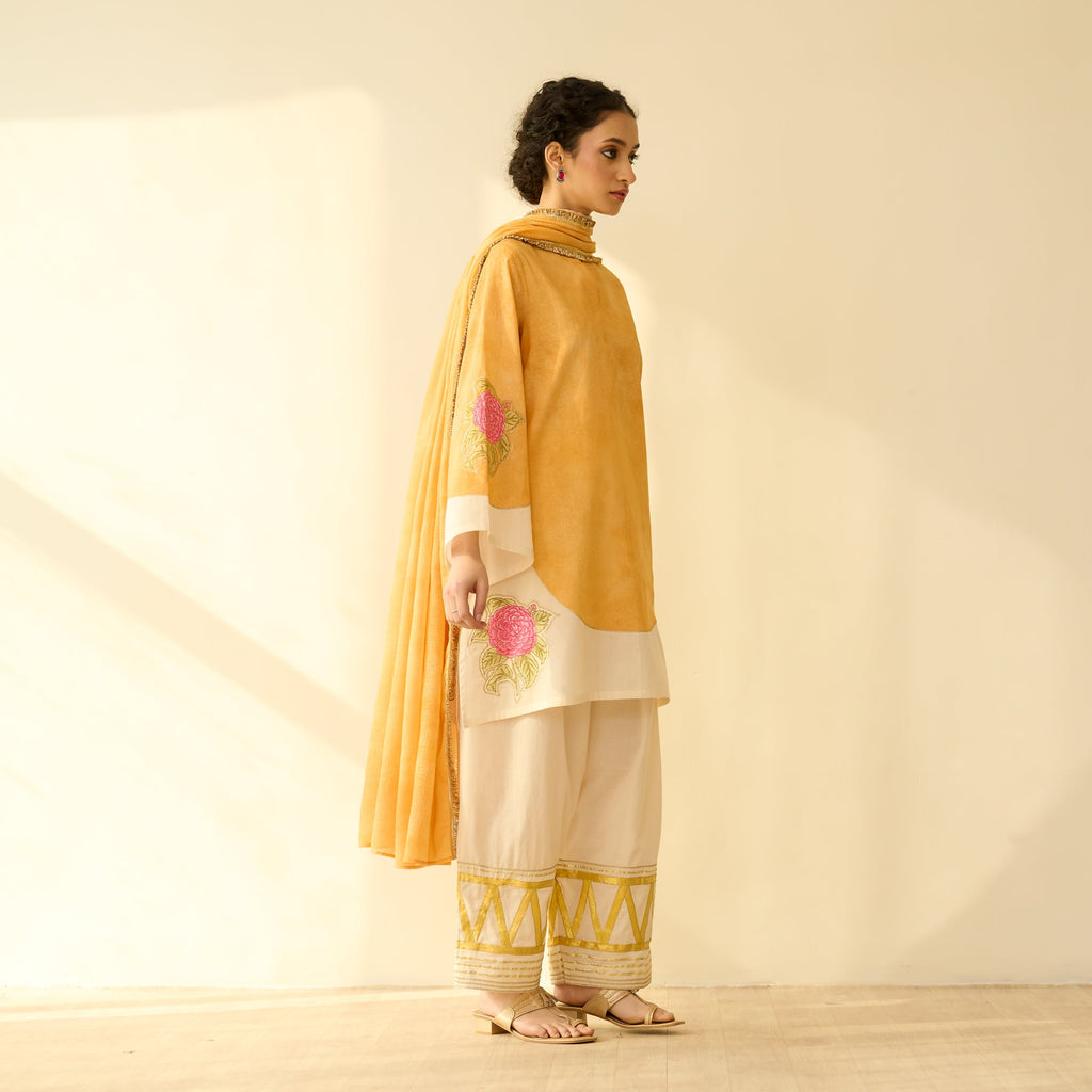 Gulabo Semi Festive Mulmul Cotton Salwar Set with Dupatta - Turmeric Yellow