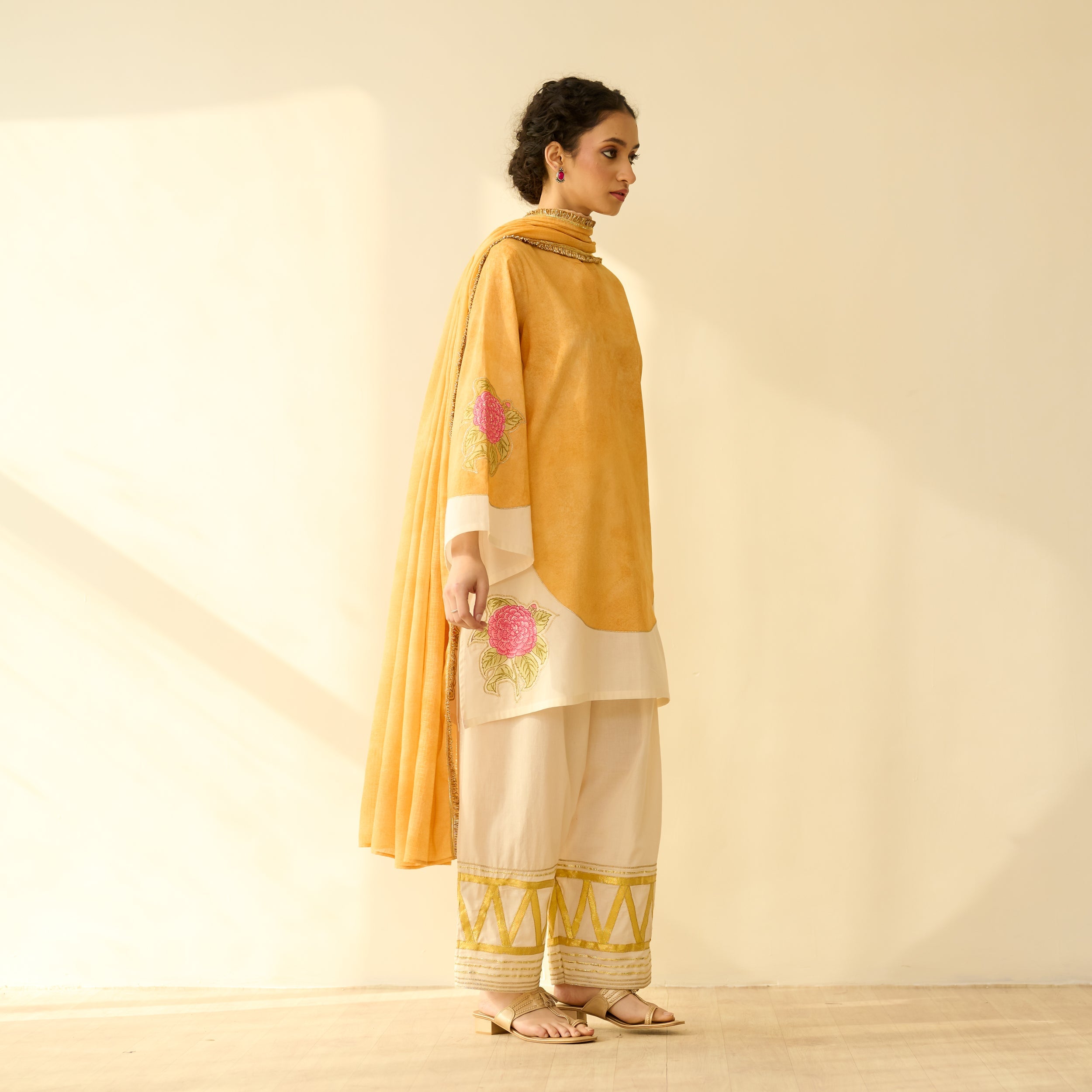 Gulabo Semi Festive Mulmul Cotton Salwar Set with Dupatta - Turmeric Yellow
