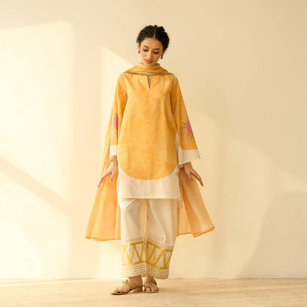 Gulabo Semi Festive Mulmul Cotton Salwar Set with Dupatta - Turmeric Yellow