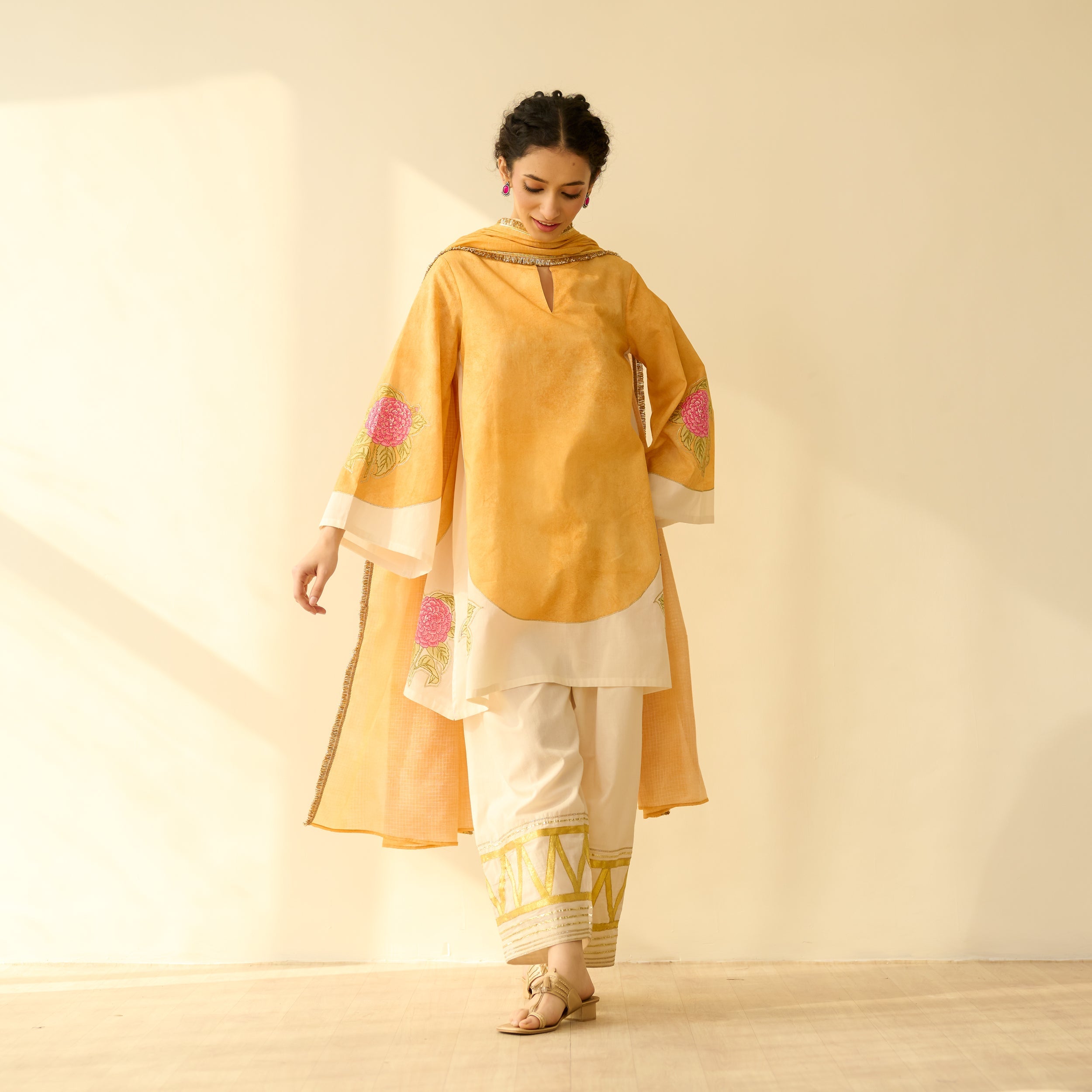 Gulabo Semi Festive Mulmul Cotton Salwar Set with Dupatta - Turmeric Yellow