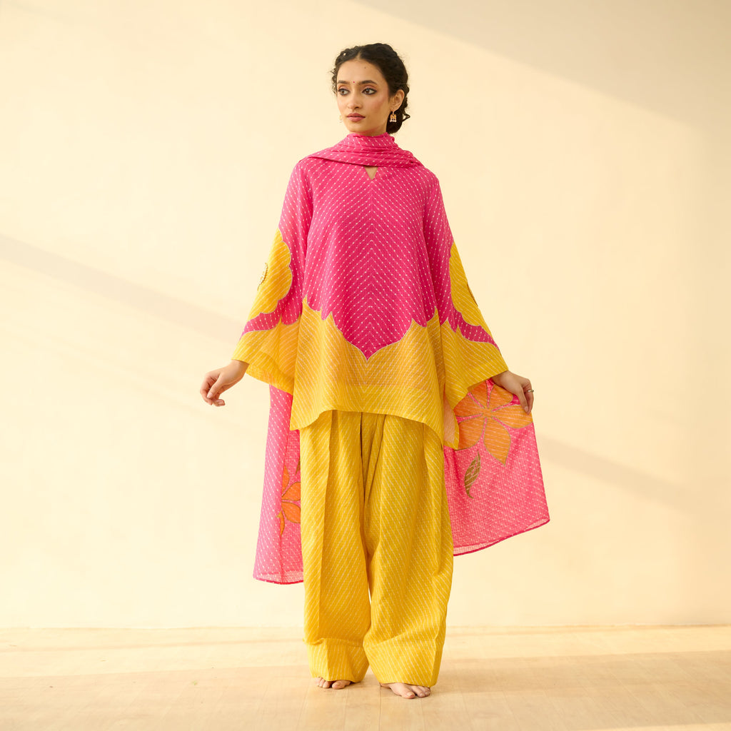 Sundari Kota Doria Cotton Farshi Set with Dupatta - Gulal Pink & Haldi Yellow