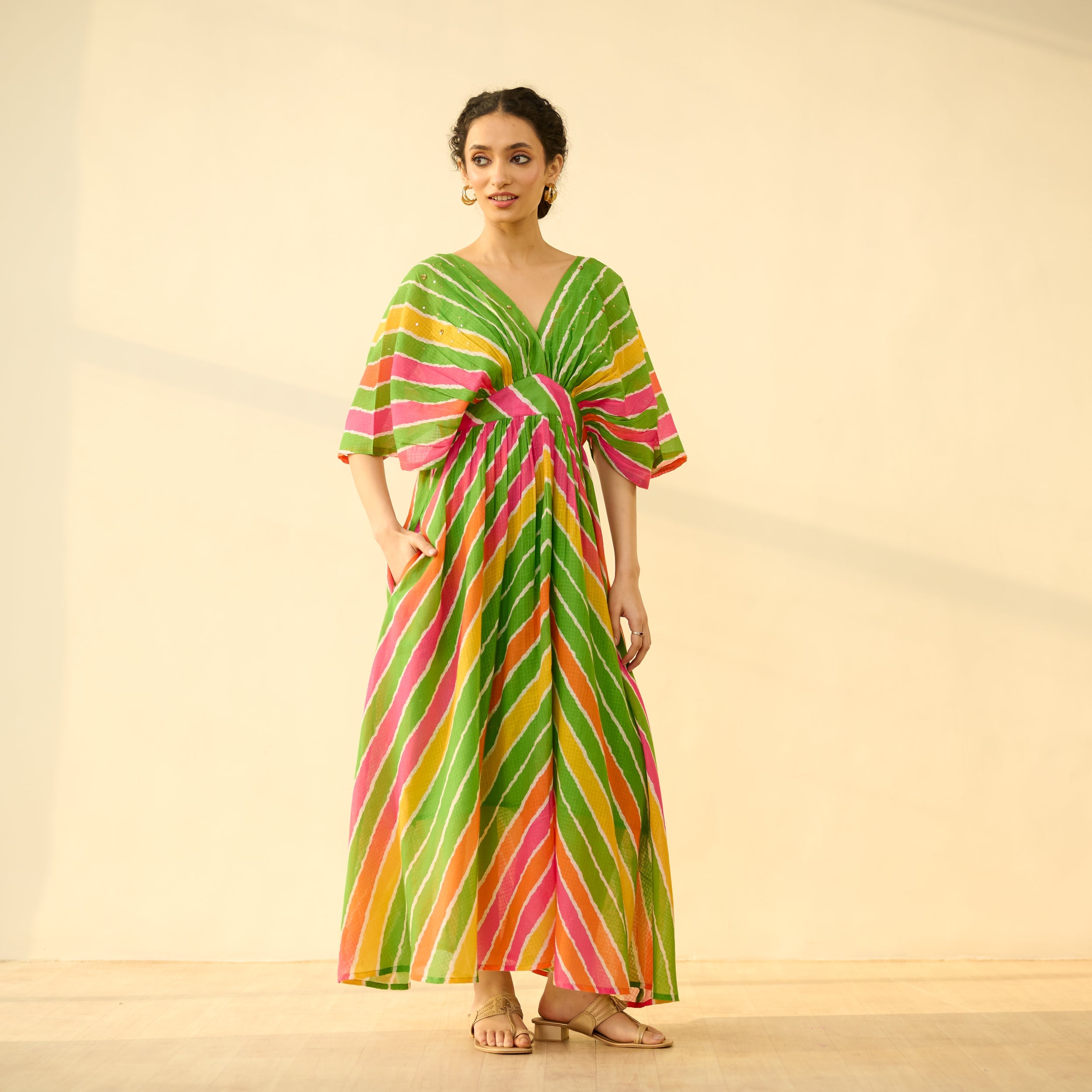 Bebo Hand Embroidered Kota Doria Cotton Maxi Dress - Multicolour