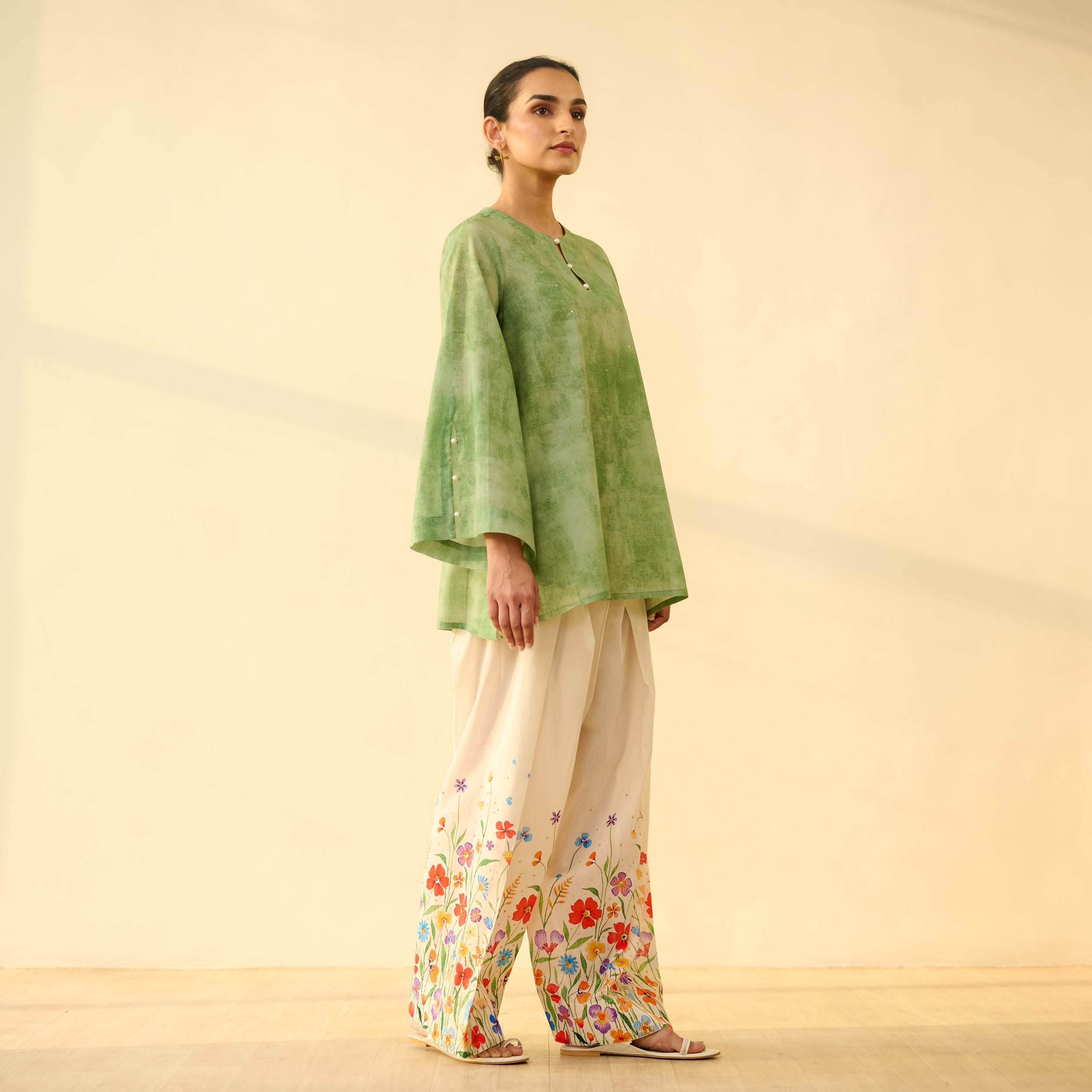 Basant Hand Embroidered Mulmul Cotton Farshi Set - Sage Green