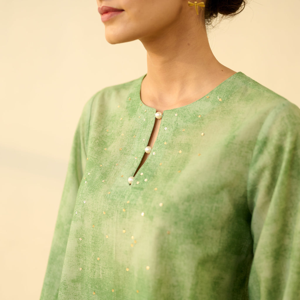 Basant Hand Embroidered Mulmul Cotton Farshi Set - Sage Green