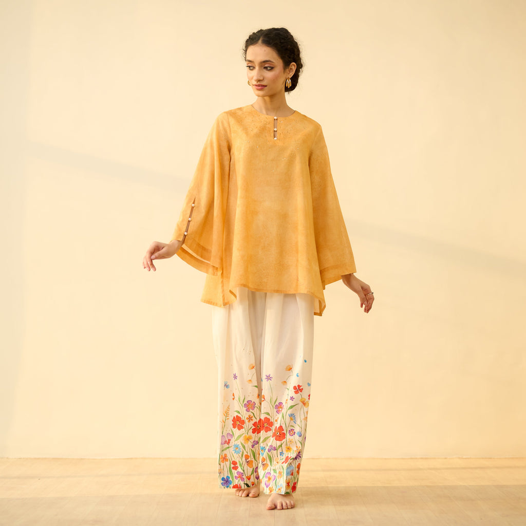 Basant Hand Embroidered Mulmul Cotton Farshi Set - Turmeric Yellow