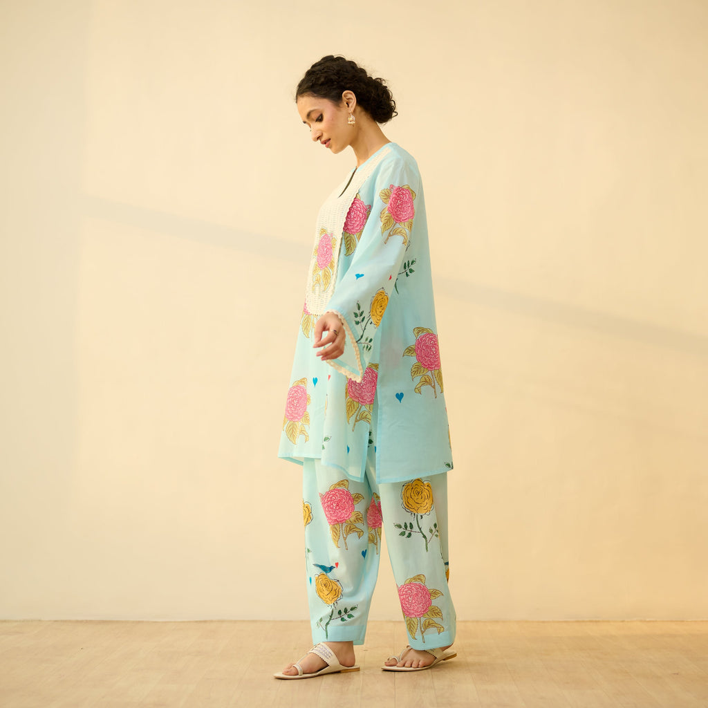 Dilruba Semi Festive Mulmul Cotton Salwar Set - Asmani Blue