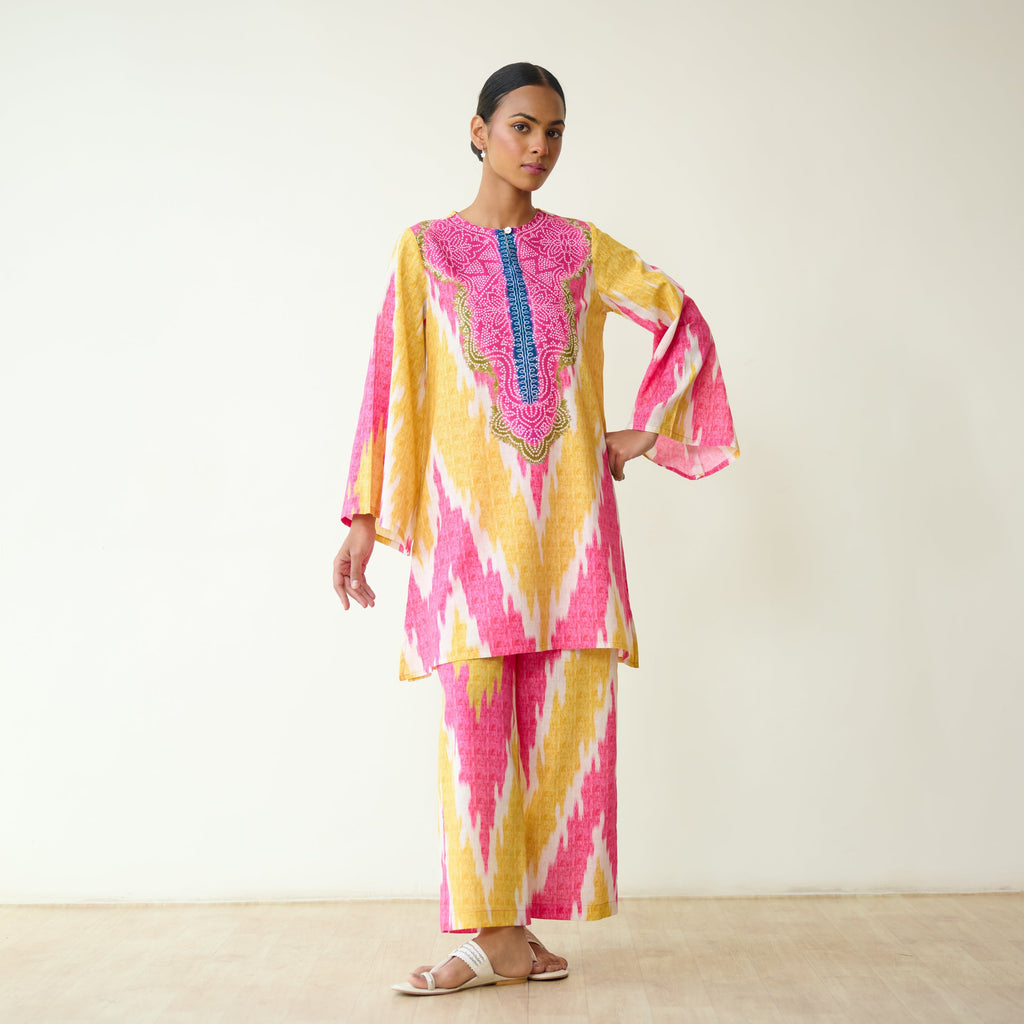 Malti Slub Cotton Coord Set - Turmeric & Candy Pink