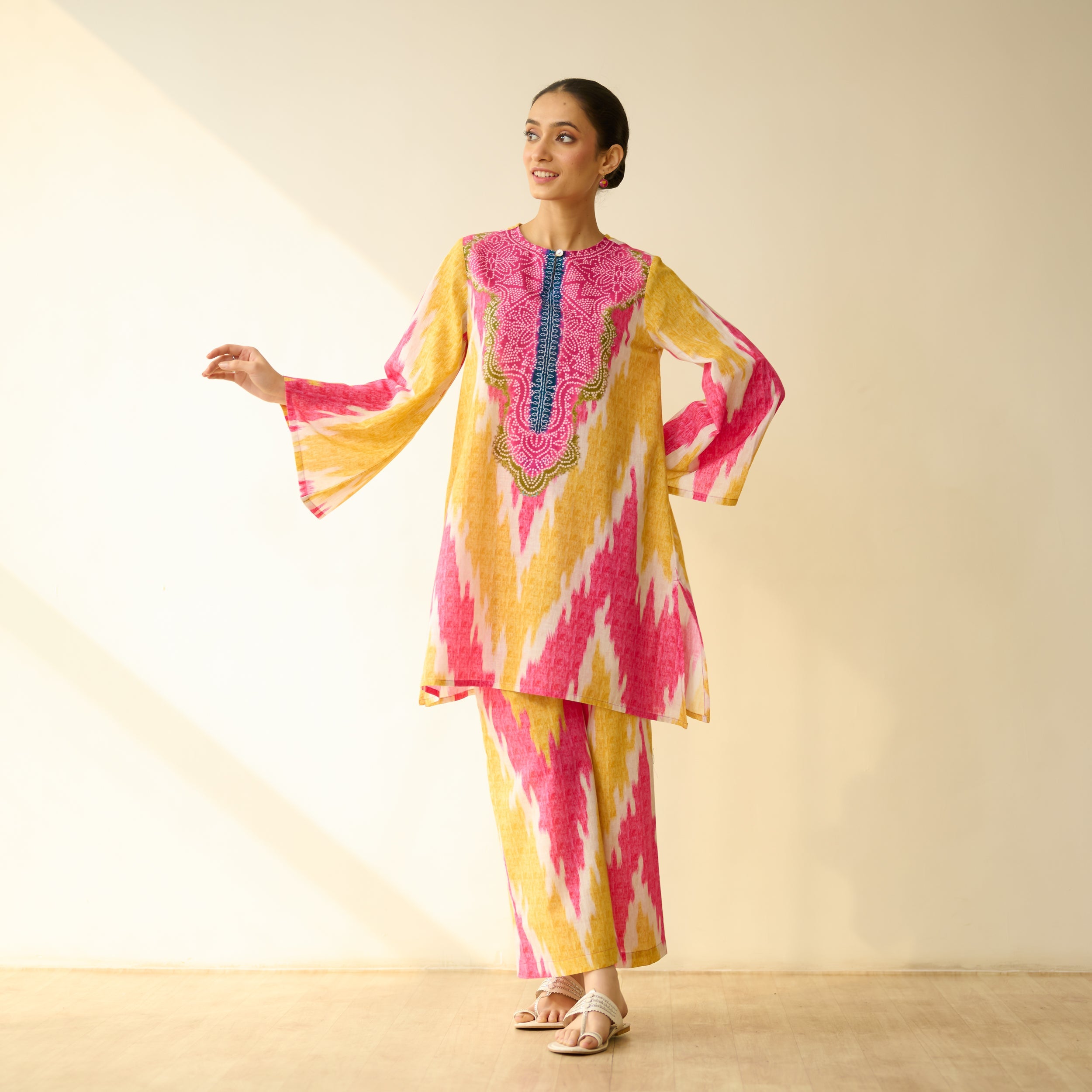 Malti Slub Cotton Coord Set - Turmeric & Candy Pink