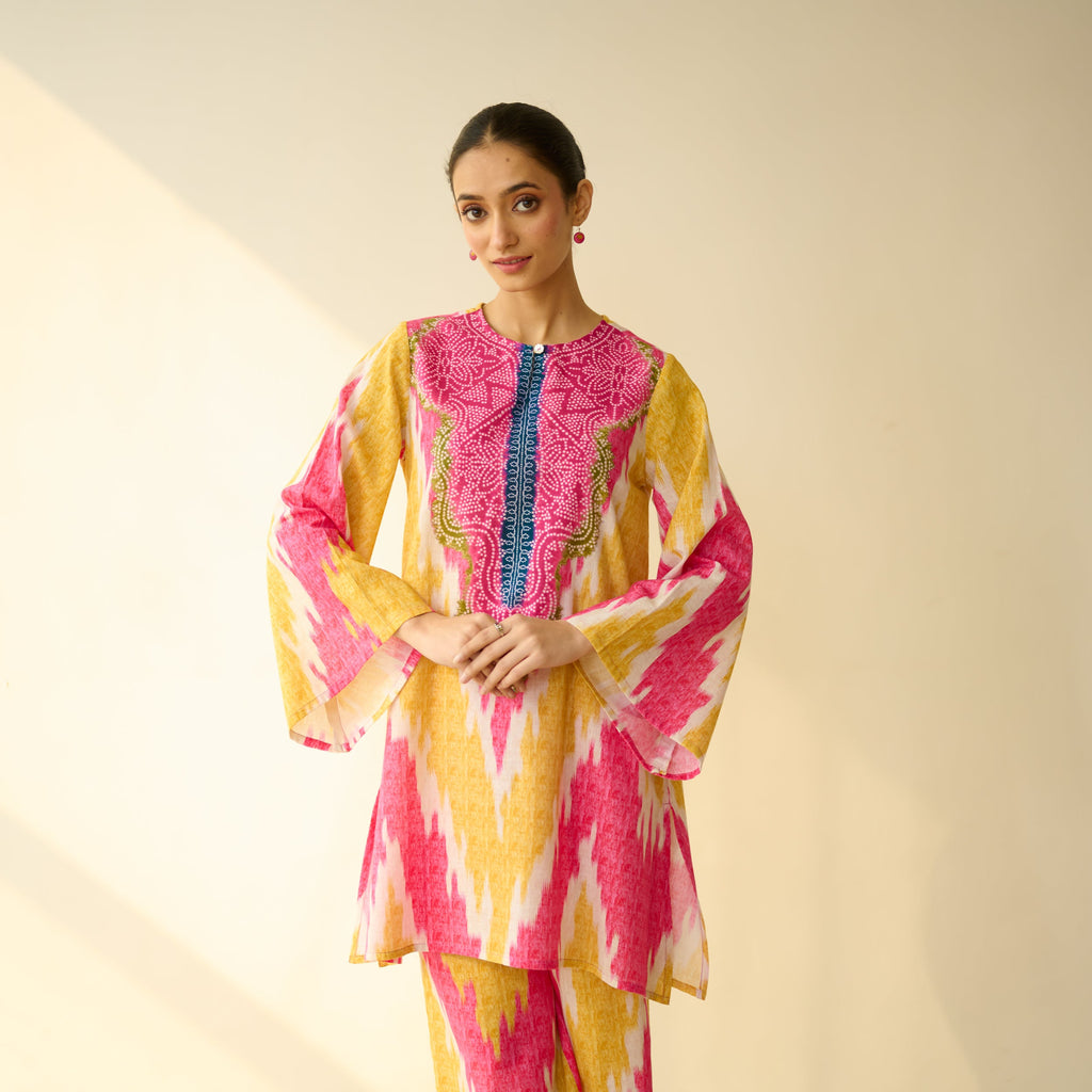 Malti Slub Cotton Coord Set - Turmeric & Candy Pink